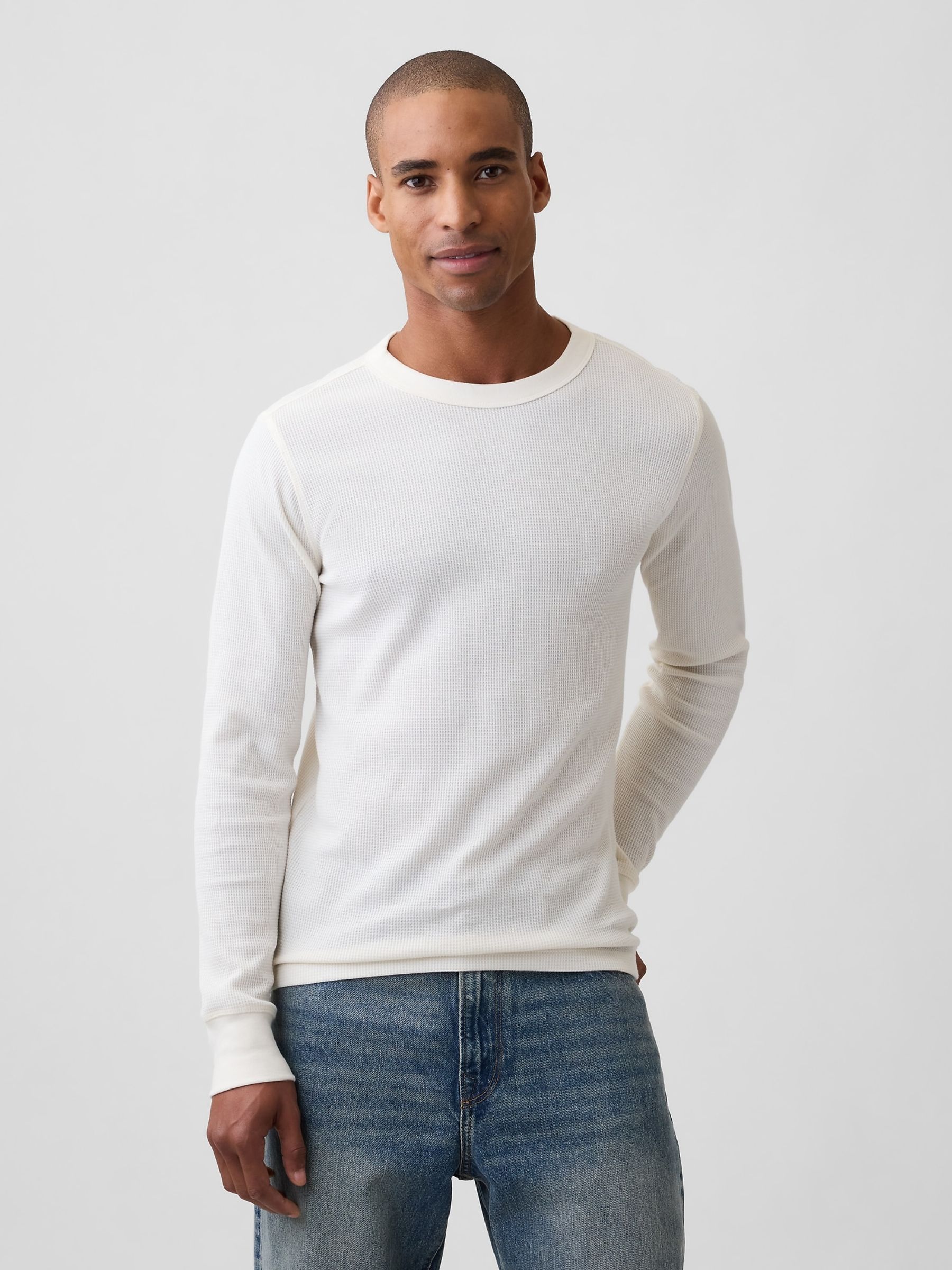 Cream Waffle Knit Long Sleeve T-Shirt - Image 1 of 5