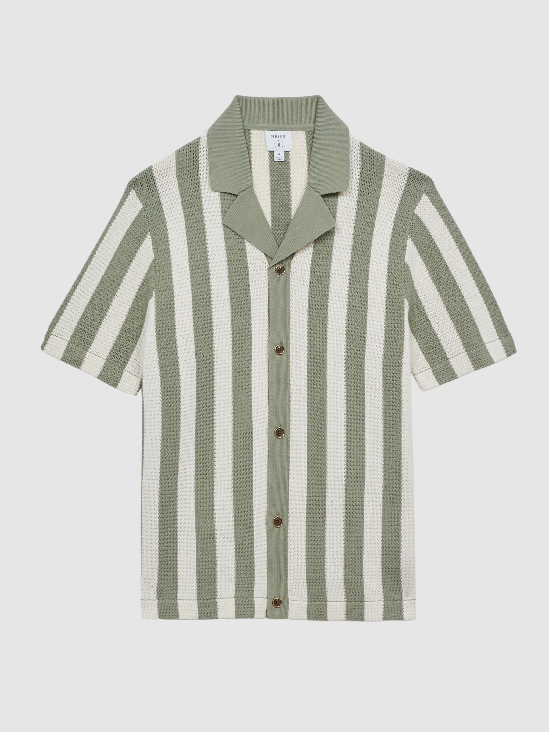 Reiss Ché Crocheted Cuban Collar Button Through Shirt in Ecru/Sage - Image 2 of 6 Reiss Ché Crocheted Cuban Collar Button Through Shirt in Ecru/Sage - Image 2 of 6