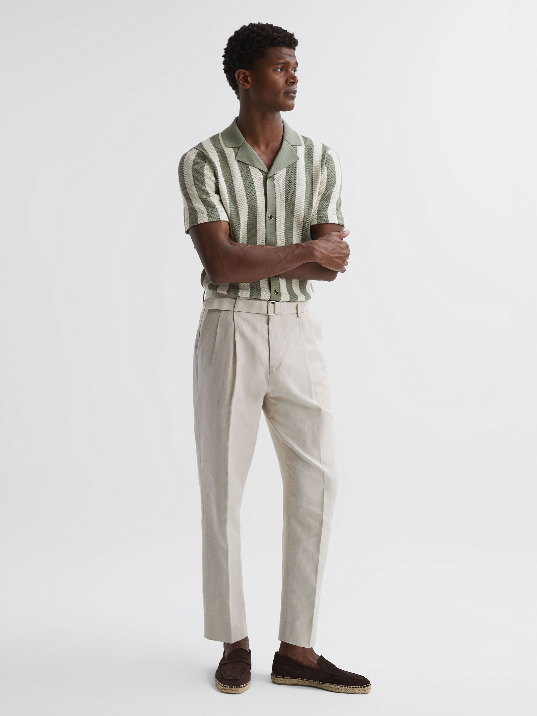 Reiss Ché Crocheted Cuban Collar Button Through Shirt in Ecru/Sage - Image 3 of 6