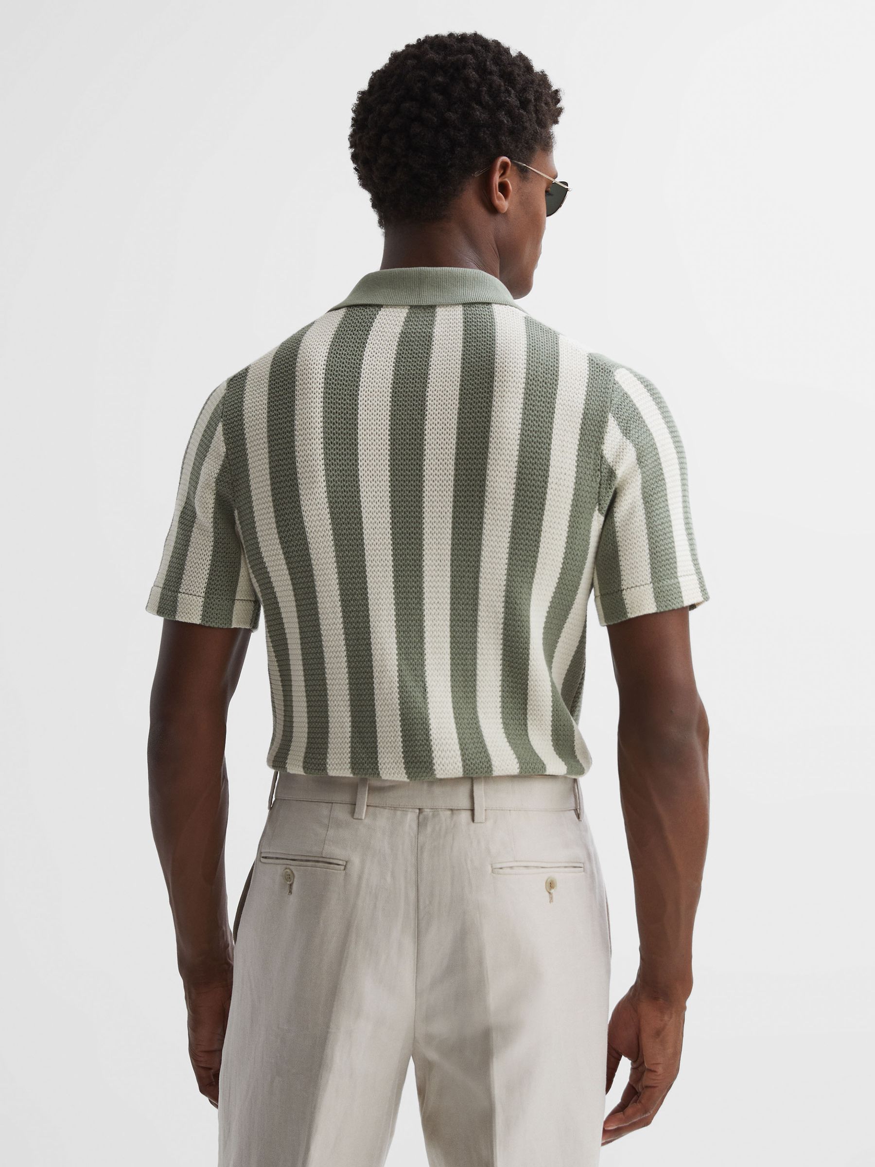 Reiss Ché Crocheted Cuban Collar Button Through Shirt in Ecru/Sage - Image 5 of 6