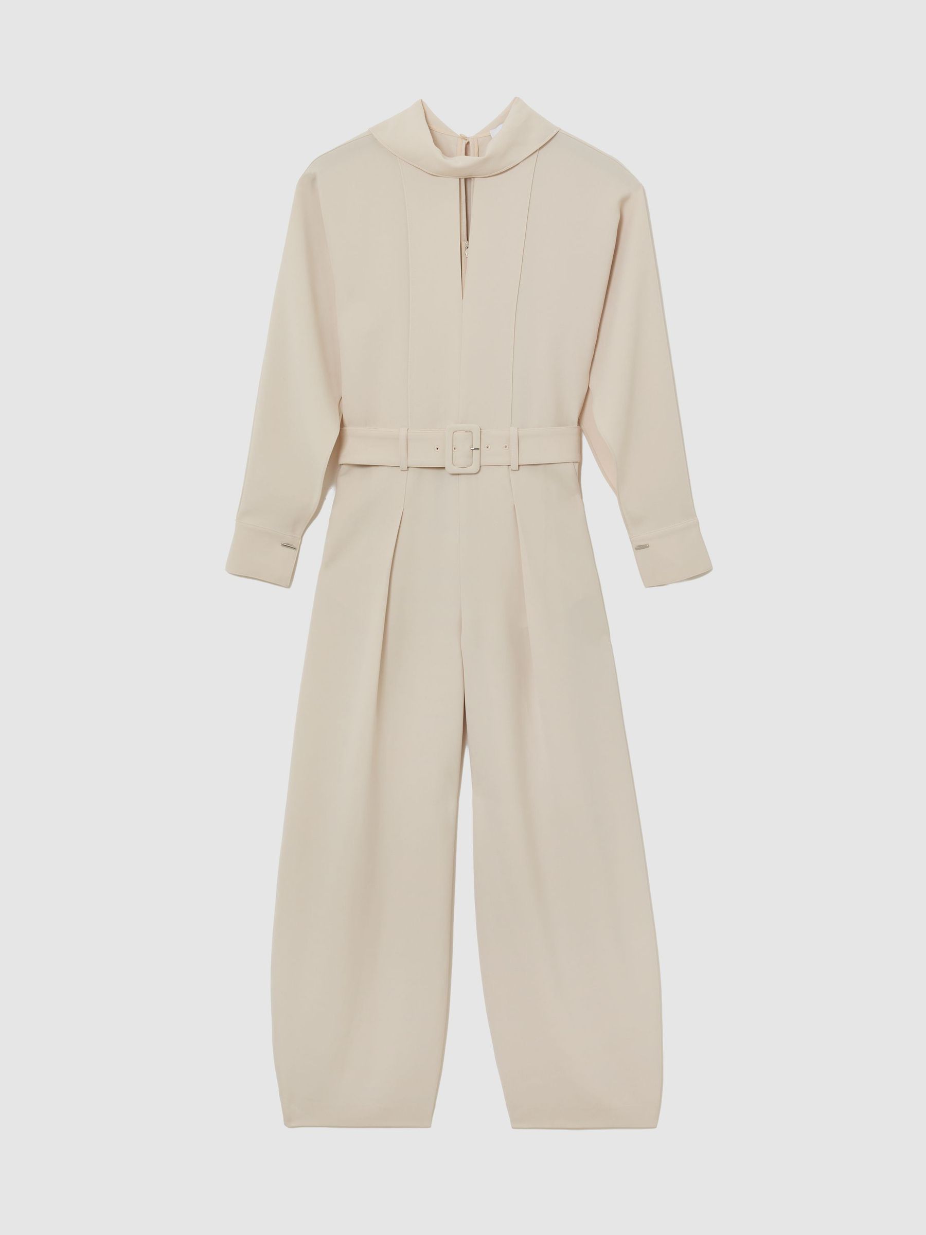 High-Neck Belted Barrel-Leg Jumpsuit in Stone Neutral - Image 2 of 9