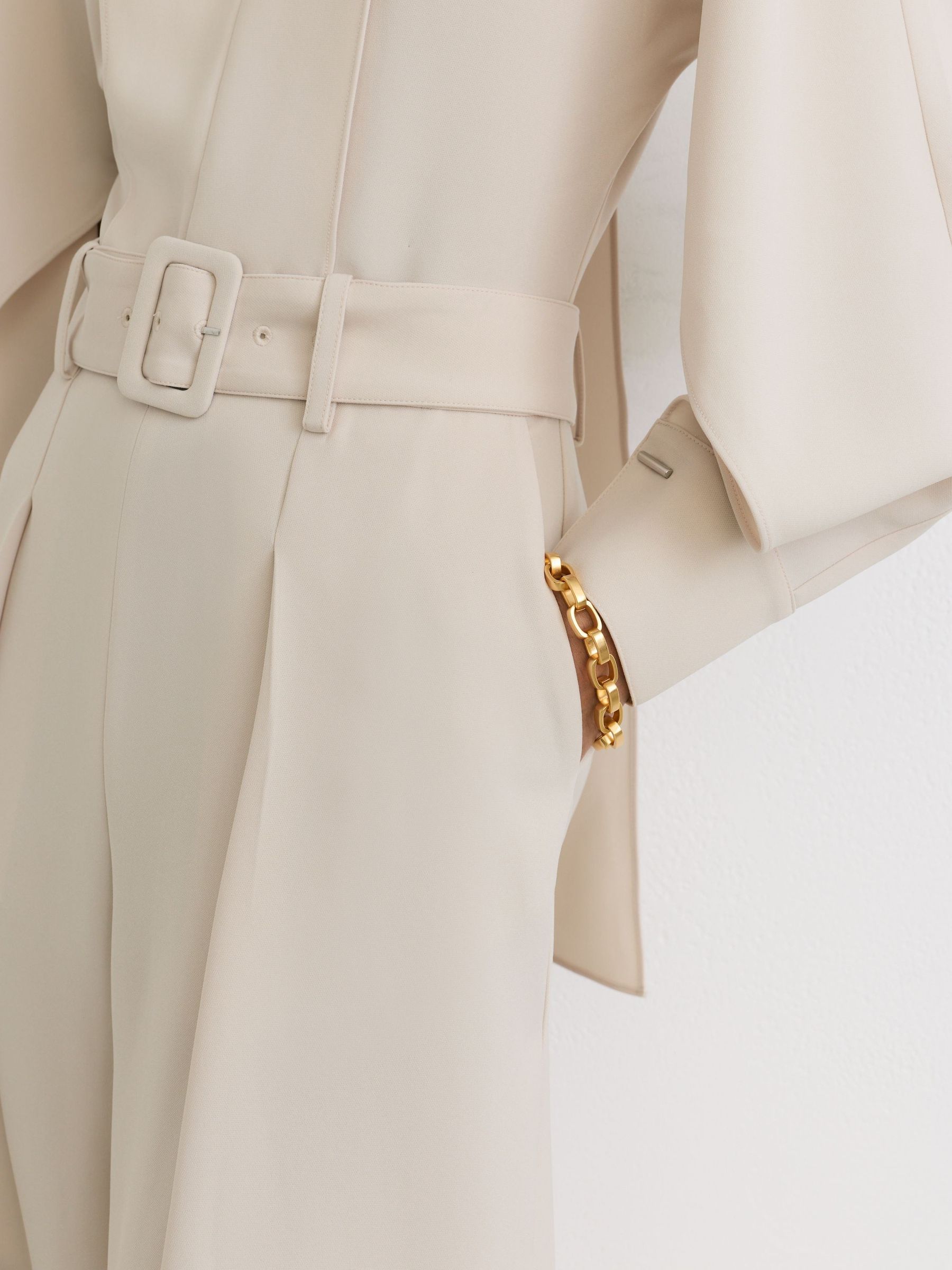 High-Neck Belted Barrel-Leg Jumpsuit in Stone Neutral - Image 3 of 9