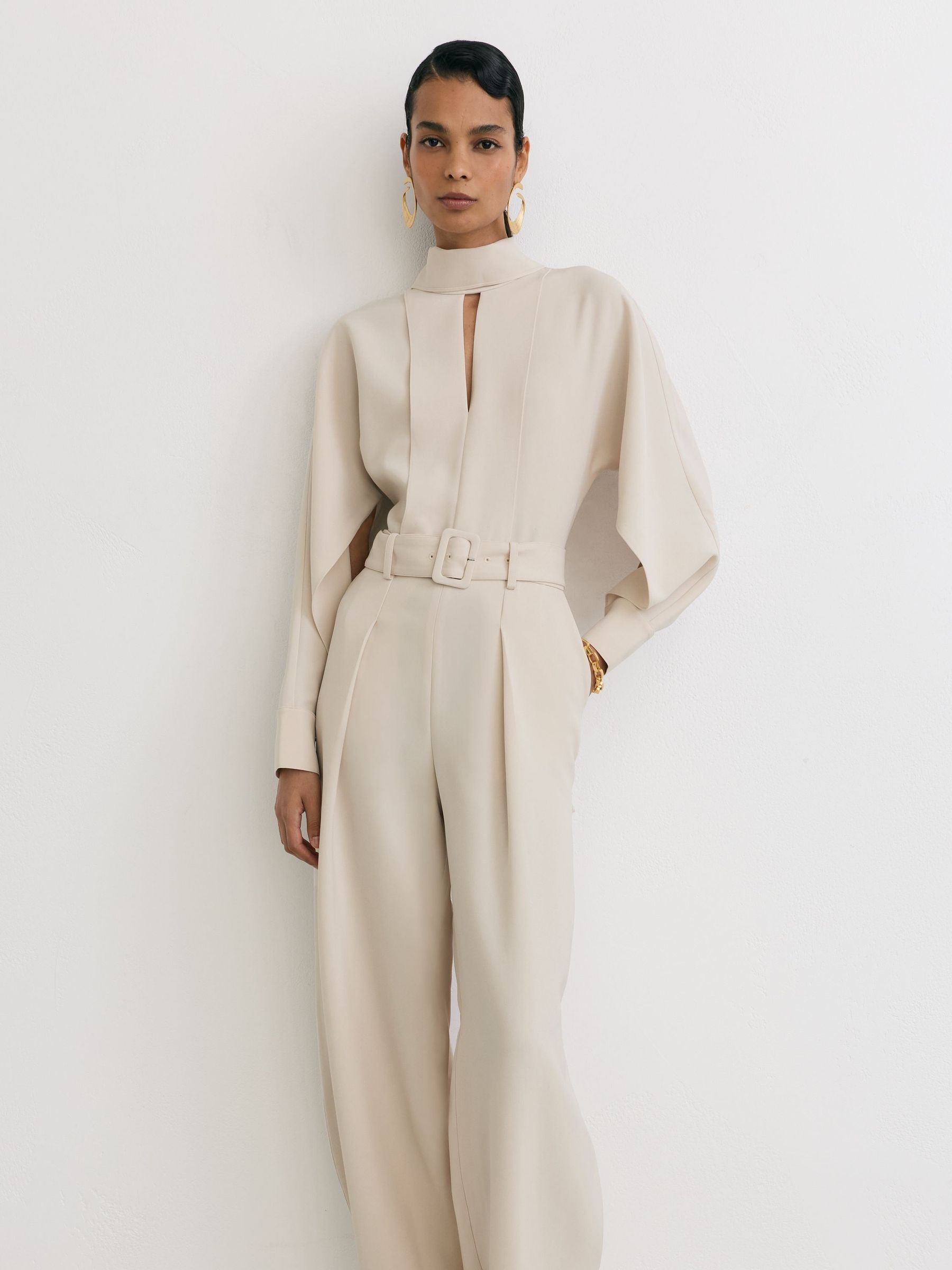 High-Neck Belted Barrel-Leg Jumpsuit in Stone Neutral - Image 4 of 9