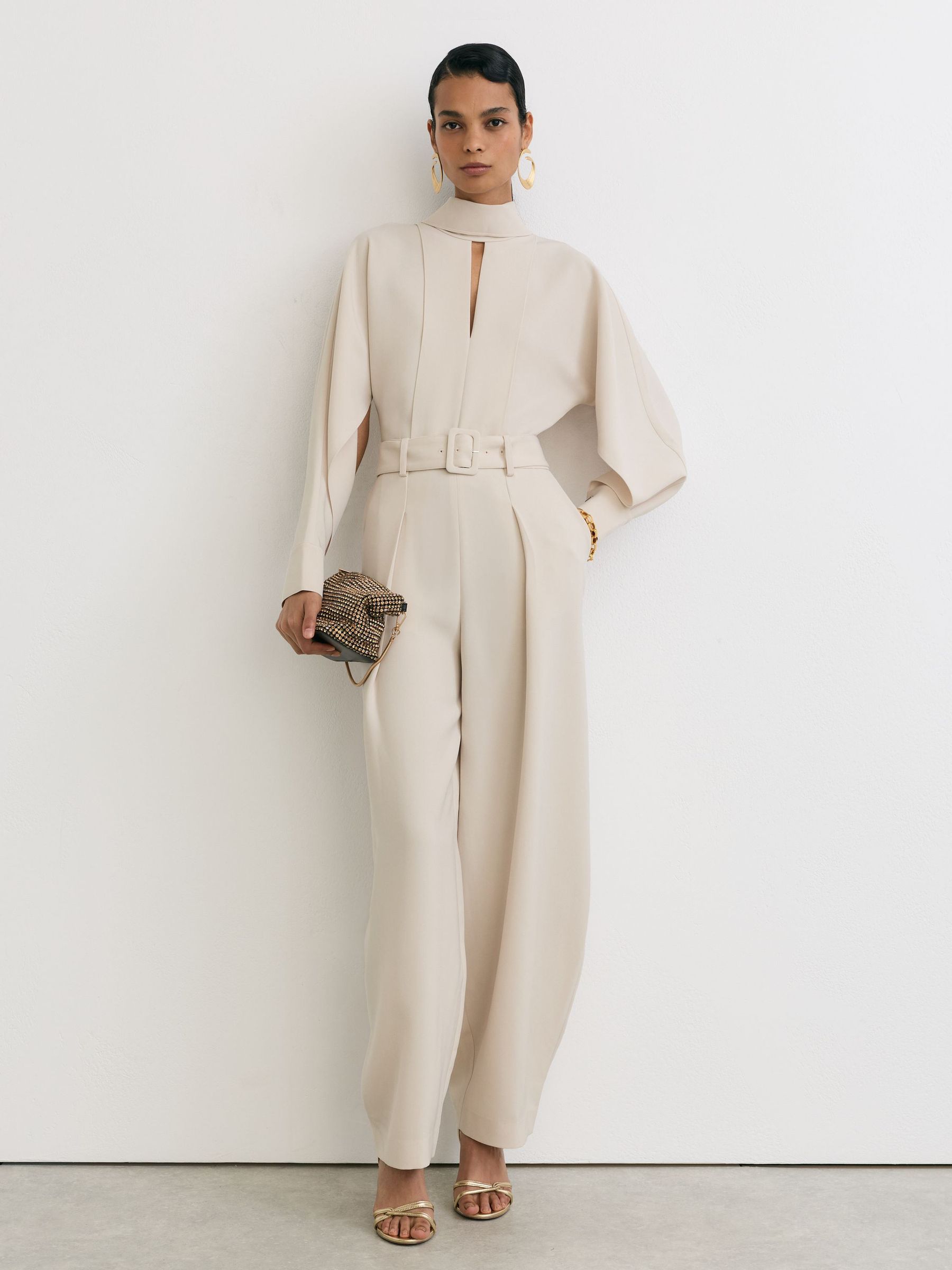 High-Neck Belted Barrel-Leg Jumpsuit in Stone Neutral - Image 5 of 9