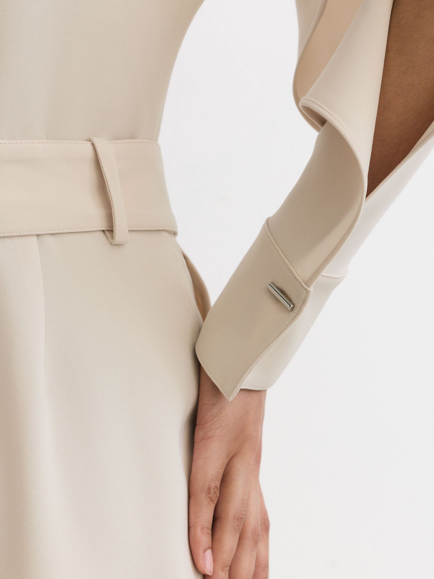 High-Neck Belted Barrel-Leg Jumpsuit in Stone Neutral - Image 6 of 9