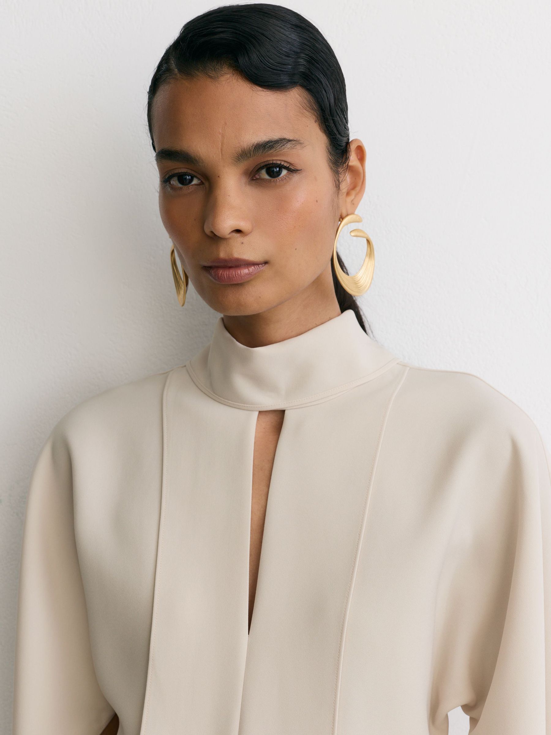 High-Neck Belted Barrel-Leg Jumpsuit in Stone Neutral - Image 7 of 9