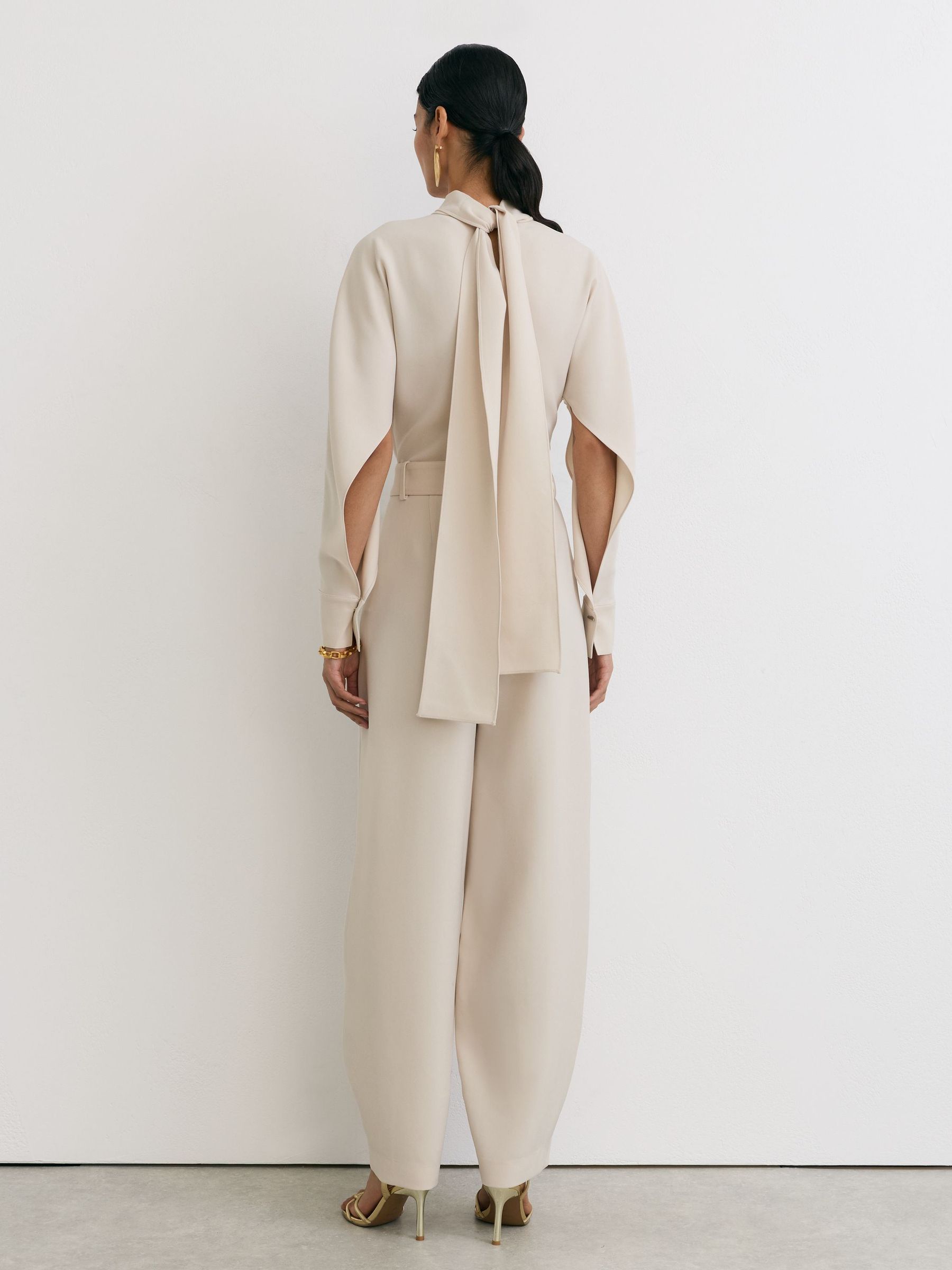 High-Neck Belted Barrel-Leg Jumpsuit in Stone Neutral - Image 8 of 9