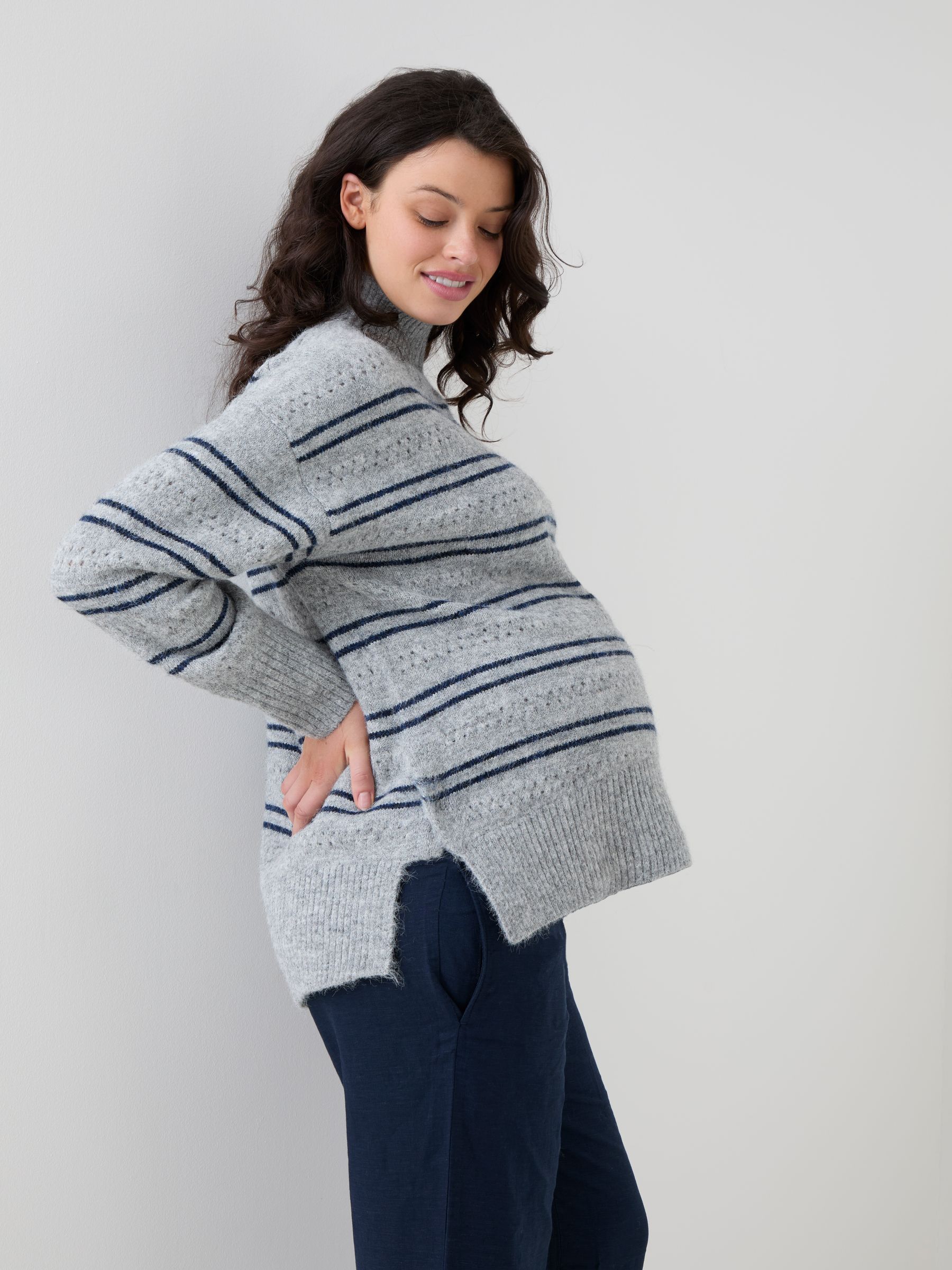 Grey Stripe Turtle Neck Maternity & Nursing Jumper - Image 1 of 5