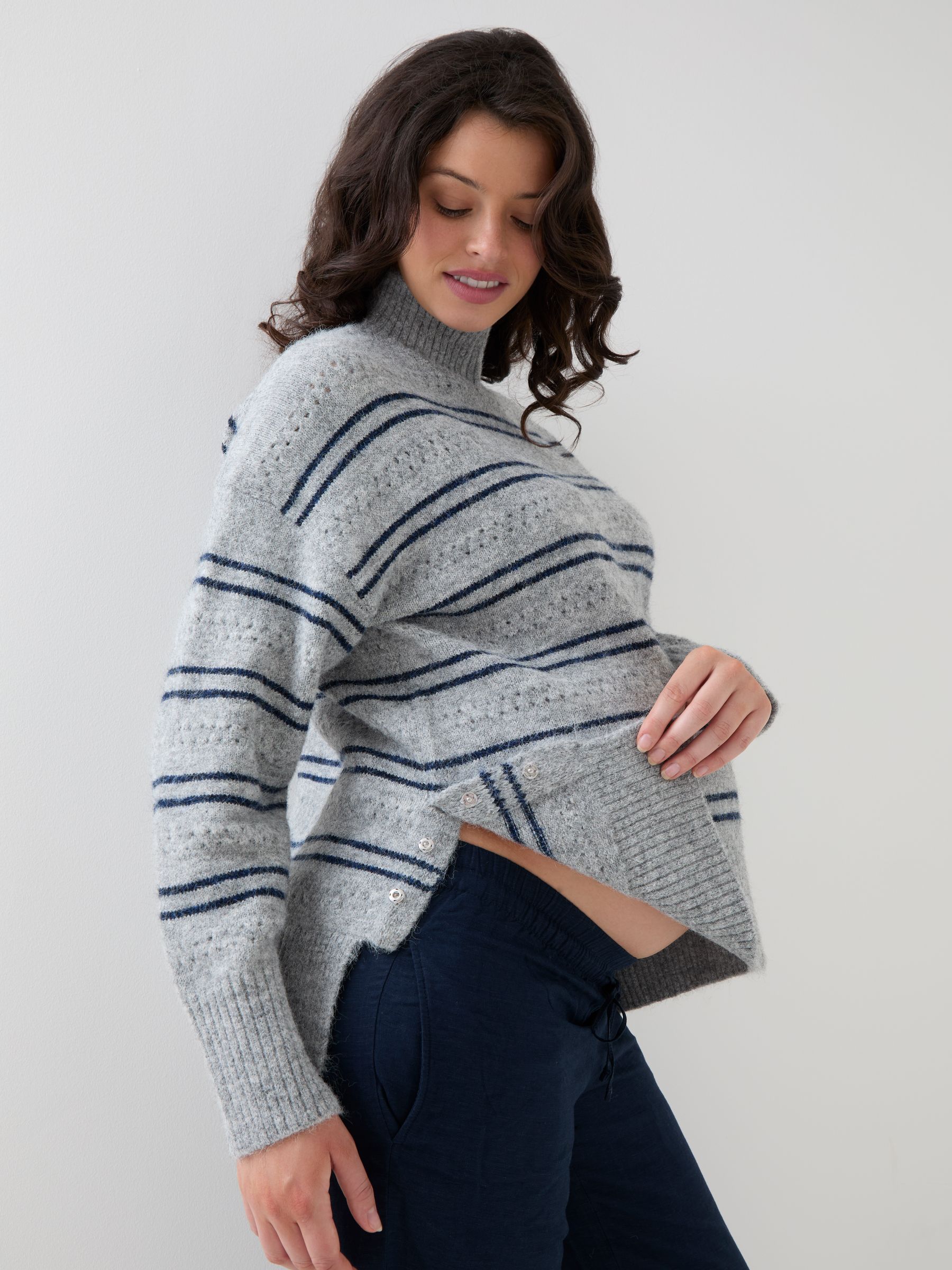 Grey Stripe Turtle Neck Maternity & Nursing Jumper - Image 4 of 5