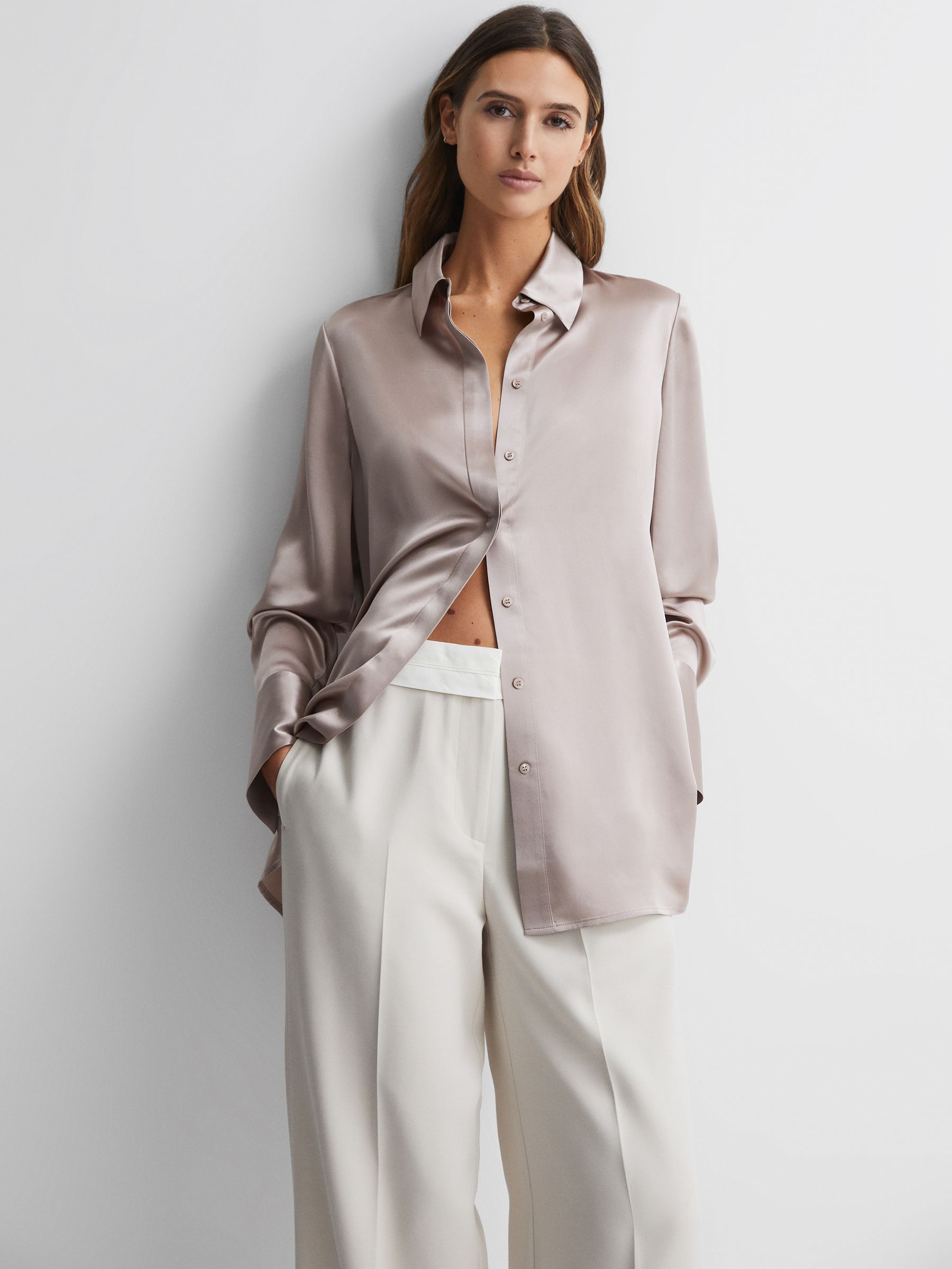Oversized Silk Button Through Shirt in Champagne - Image 1 of 4