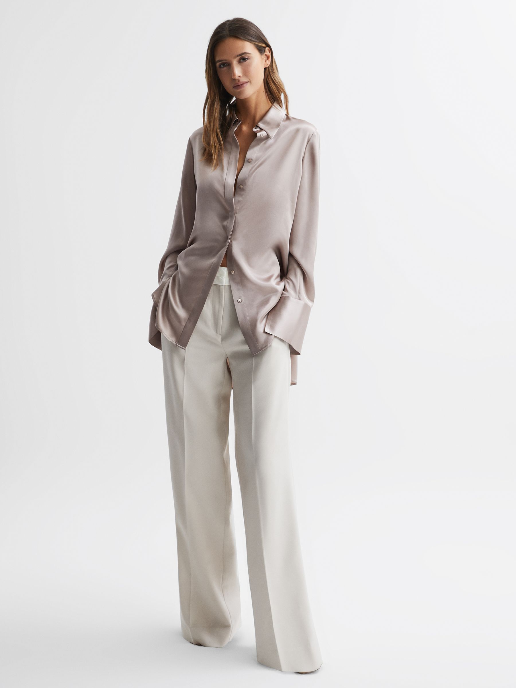 Oversized Silk Button Through Shirt in Champagne - Image 3 of 4