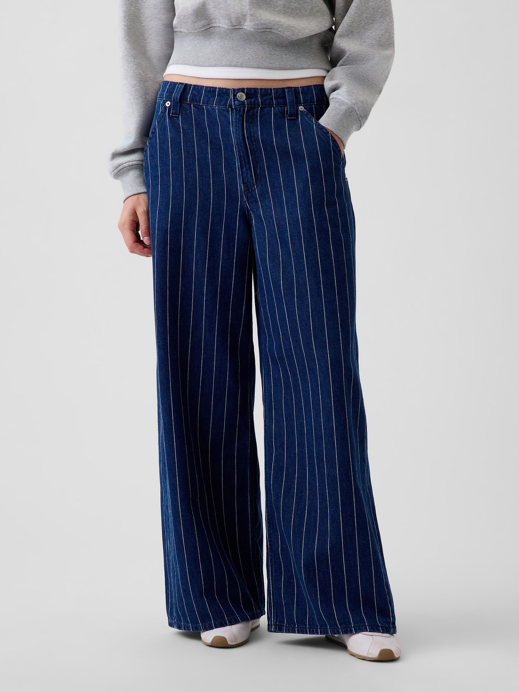 Dark Wash Stripe Mid Rise Stripe Baggy Jeans - Image 1 of 5