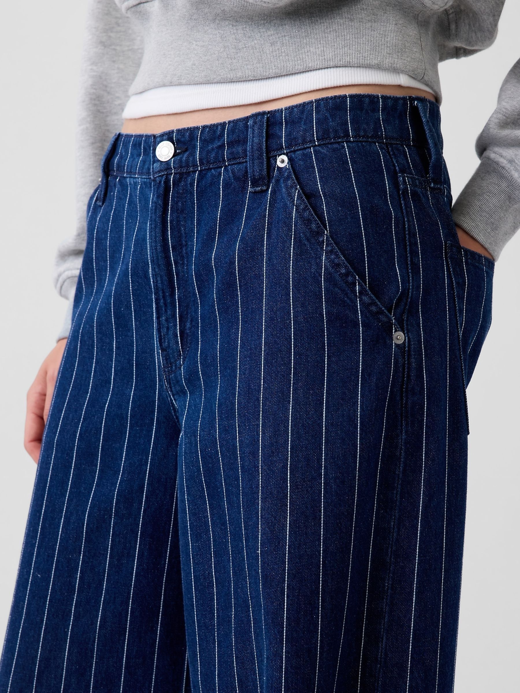 Dark Wash Stripe Mid Rise Stripe Baggy Jeans - Image 5 of 5