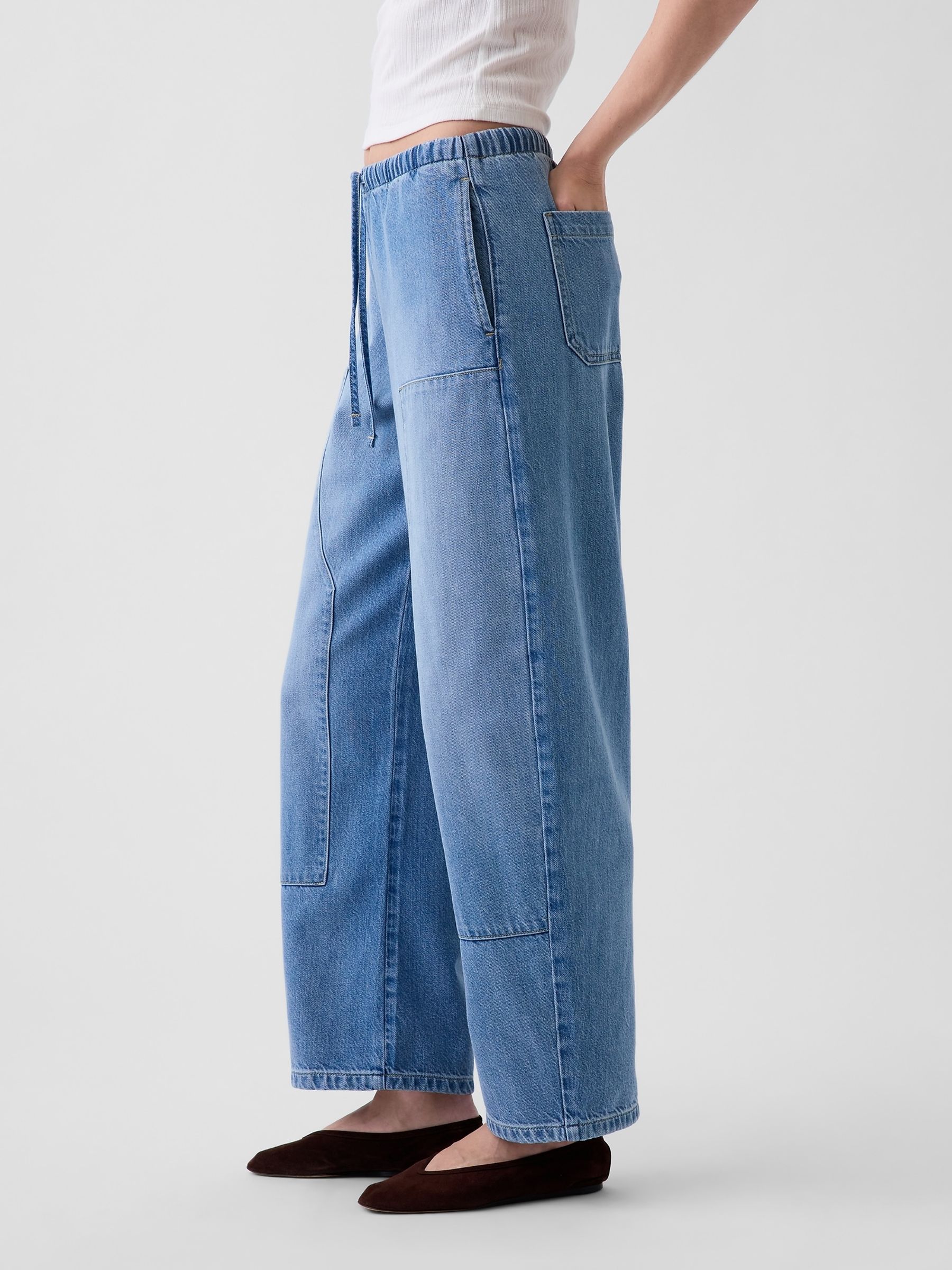 Light Wash Pull Over Medium Wash High Waisted UltraSoft Easy Barrel Jeans - Image 4 of 7