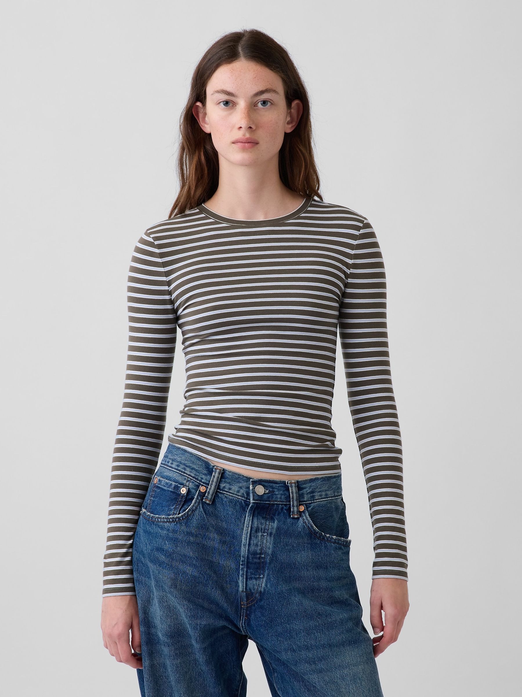 Brown Stripe Close Knit Jersey T-Shirt - Image 1 of 5