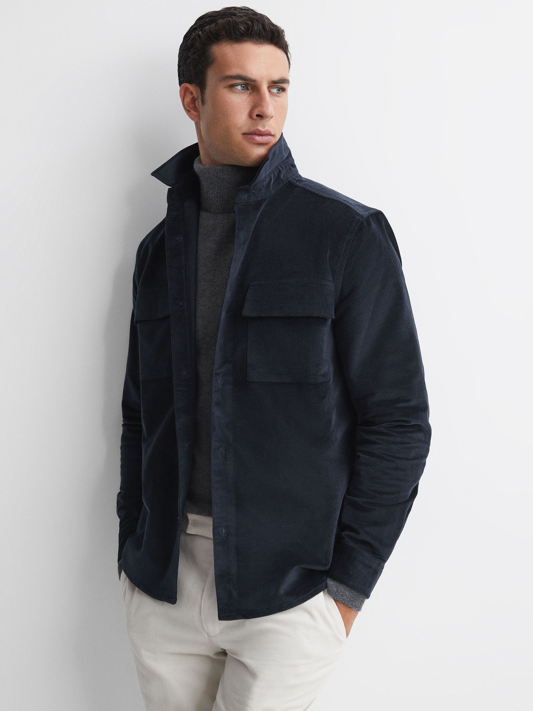 Corduroy Button-Through Overshirt in Navy - Image 1 of 4