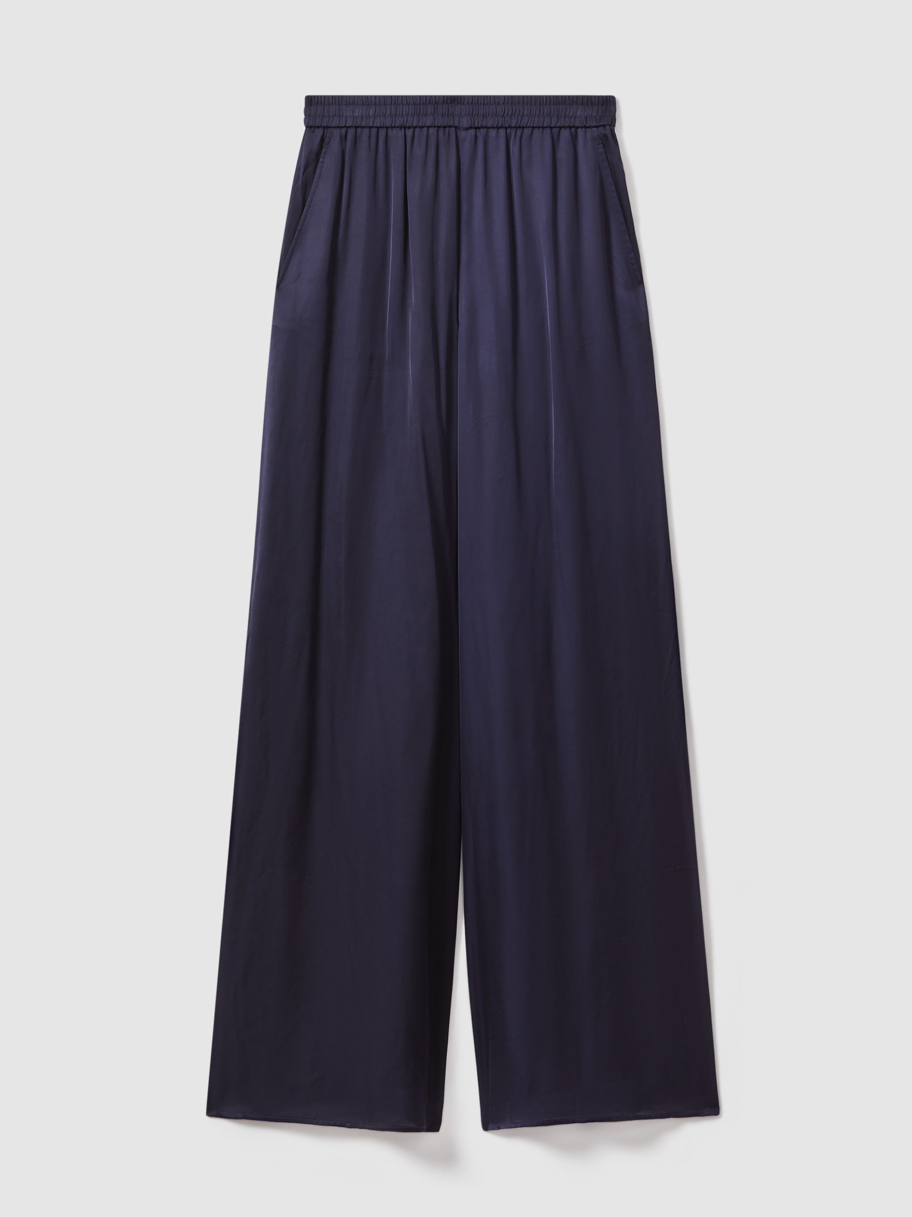 Satin Elasticated Waist Wide Leg Trousers in Navy - Image 2 of 6