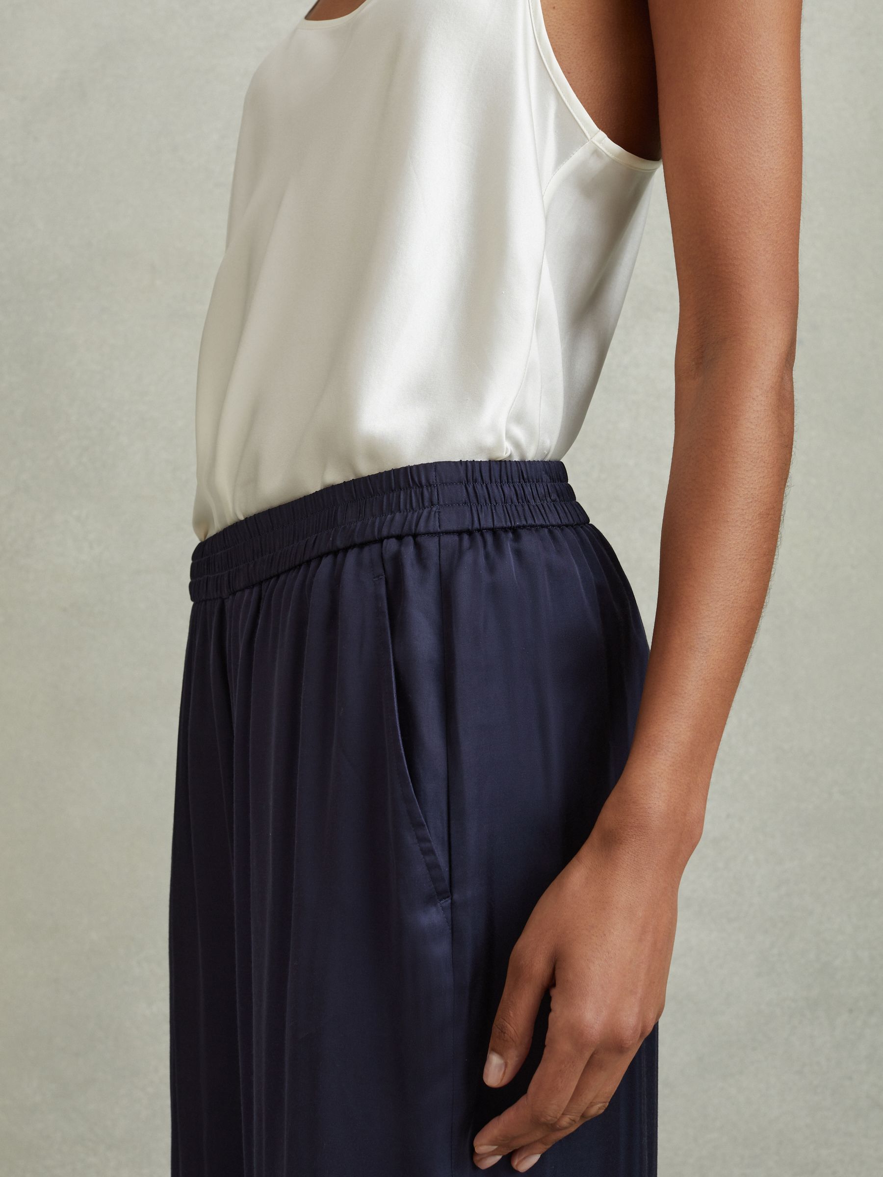 Satin Elasticated Waist Wide Leg Trousers in Navy - Image 4 of 6
