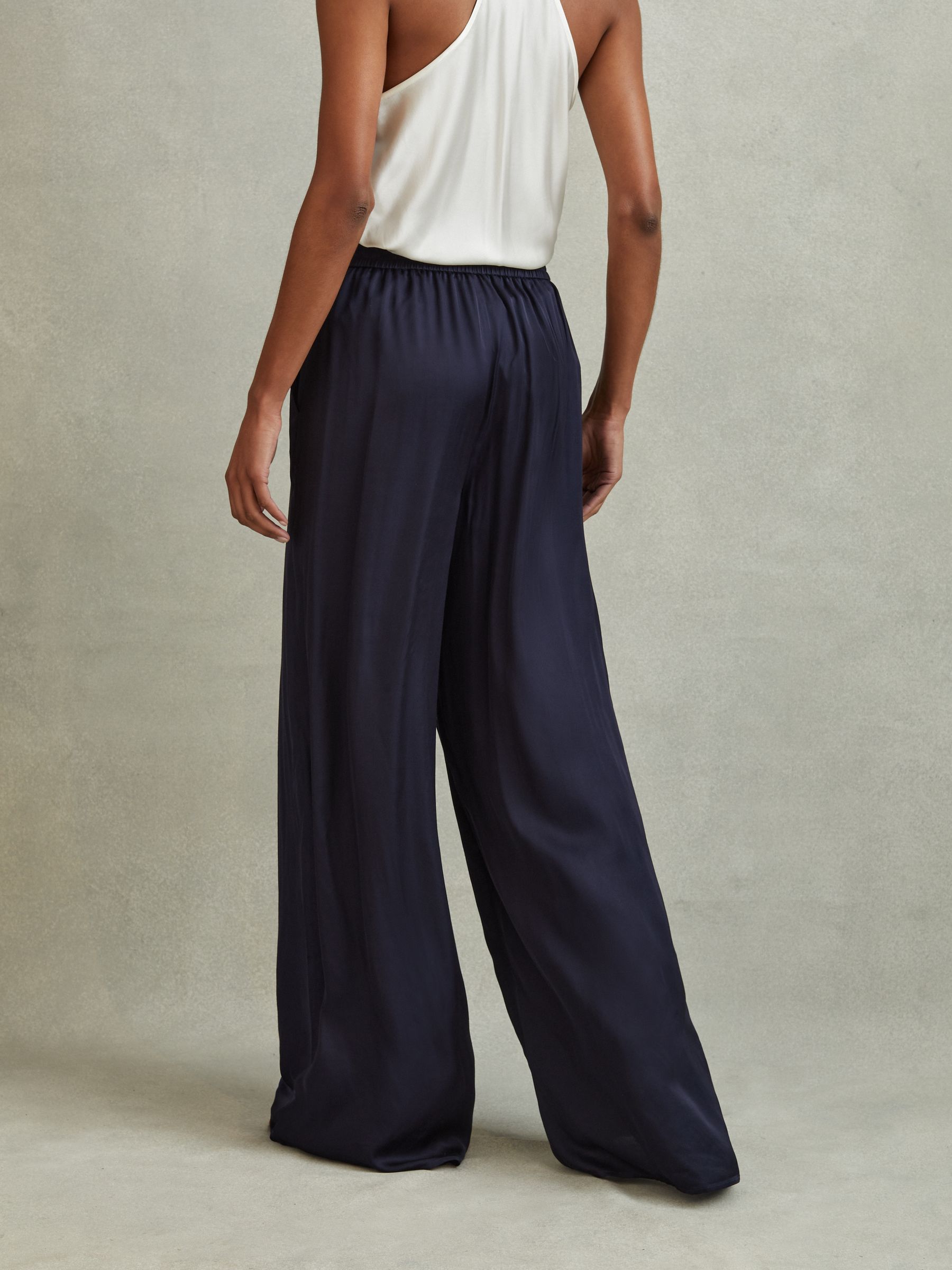 Satin Elasticated Waist Wide Leg Trousers in Navy - Image 5 of 6