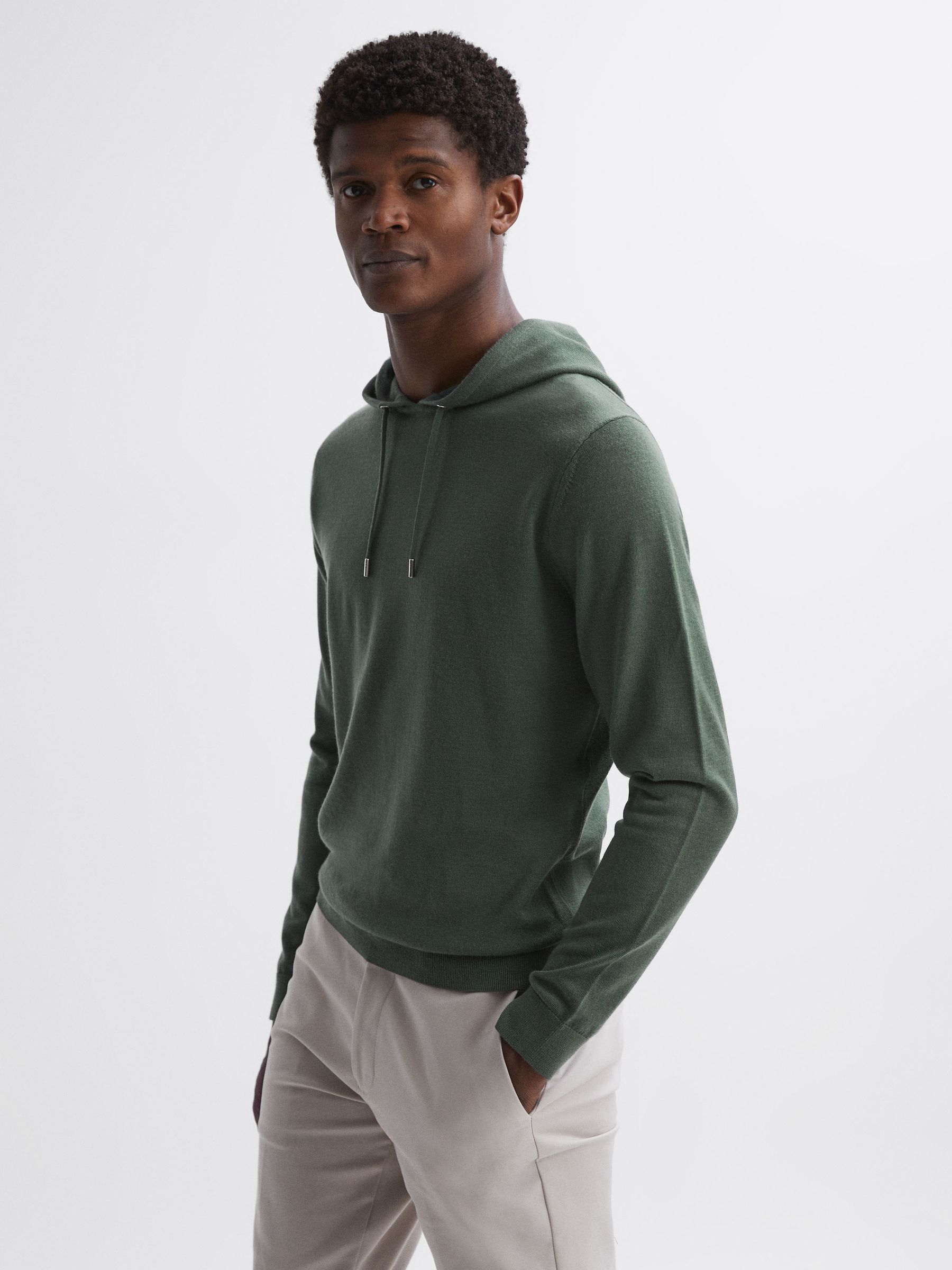 Merino Wool Drawstring Hoodie in Ivy Green - Image 3 of 4