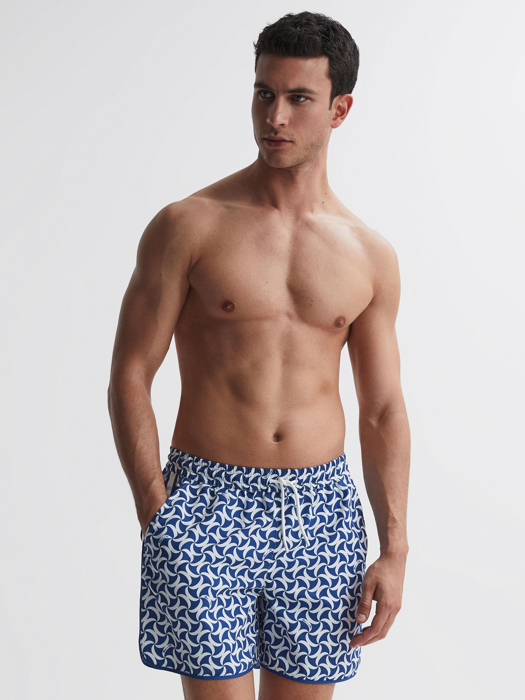 Reiss Ché Printed Drawstring Swim Shorts in Bright Blue/White - Image 1 of 6
