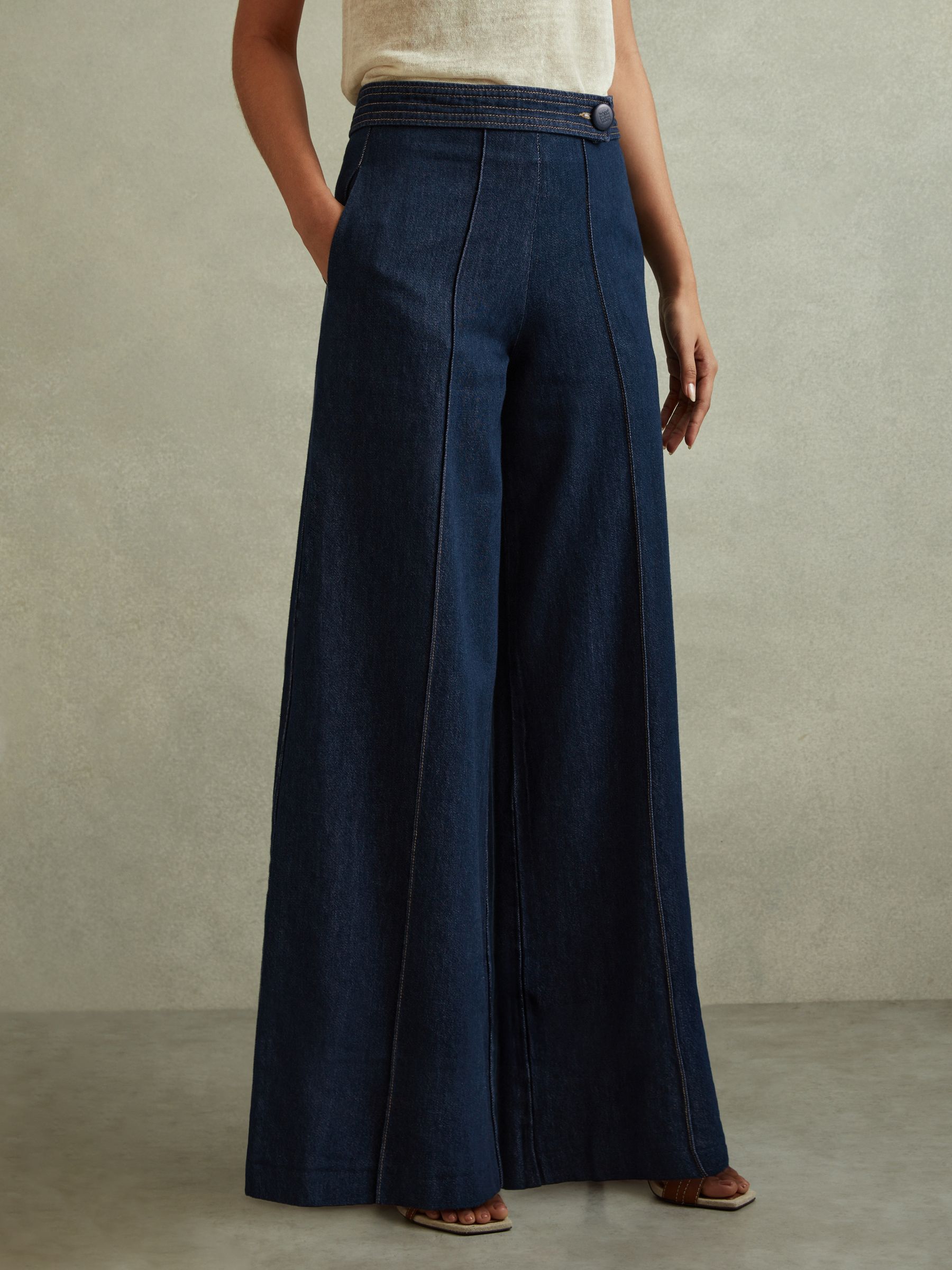 Belted Wide Leg Jeans in Dark Blue - Image 1 of 8