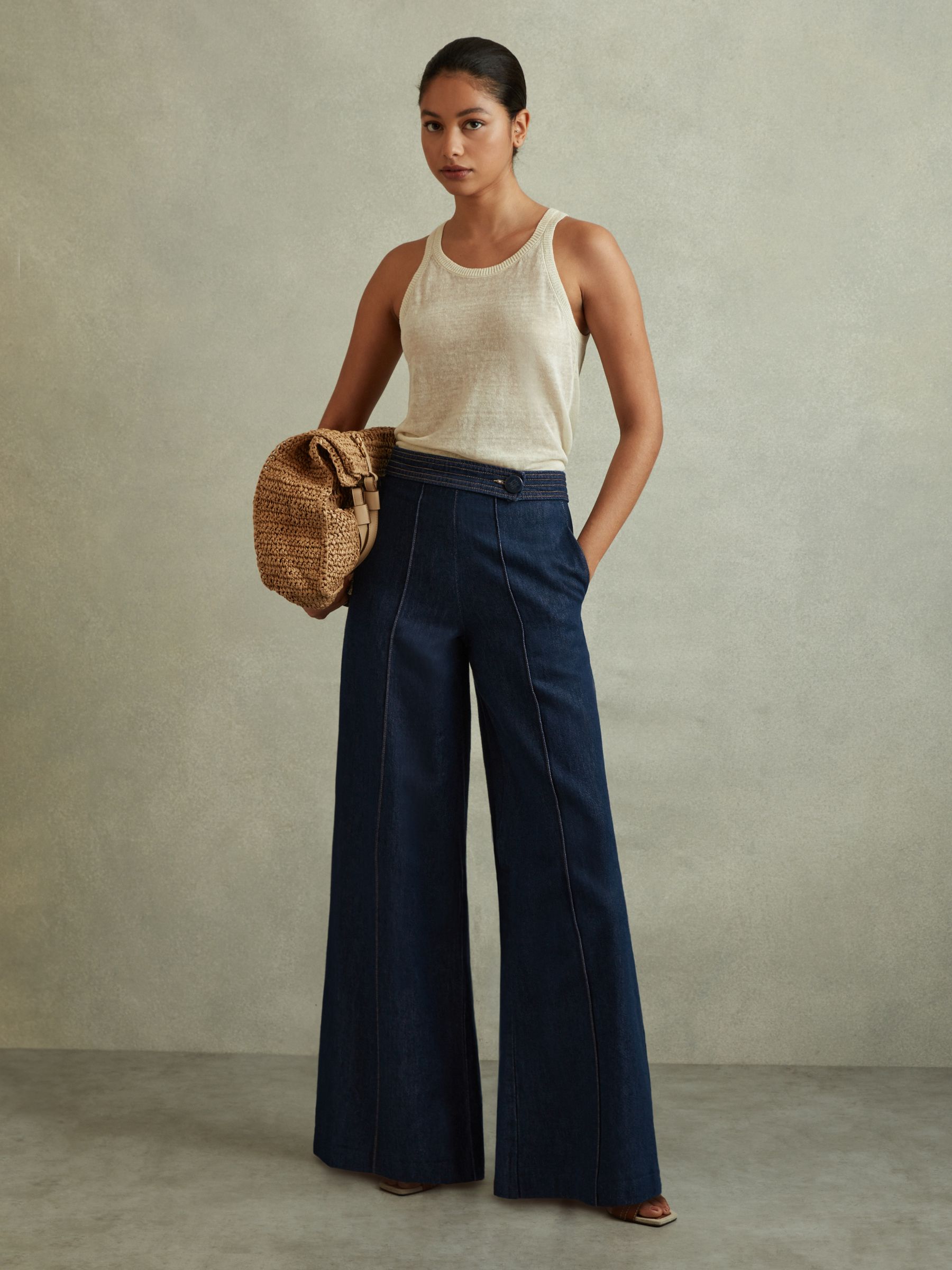 Belted Wide Leg Jeans in Dark Blue - Image 4 of 8
