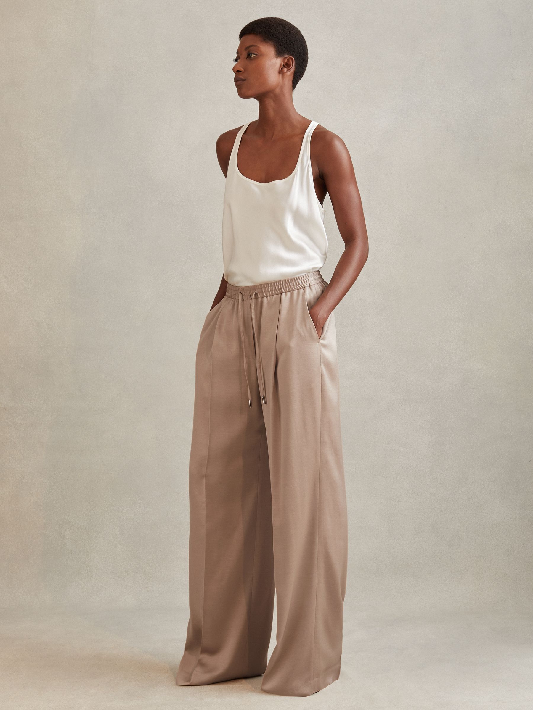 Satin Drawstring Wide Leg Trousers in Gold - Image 1 of 5