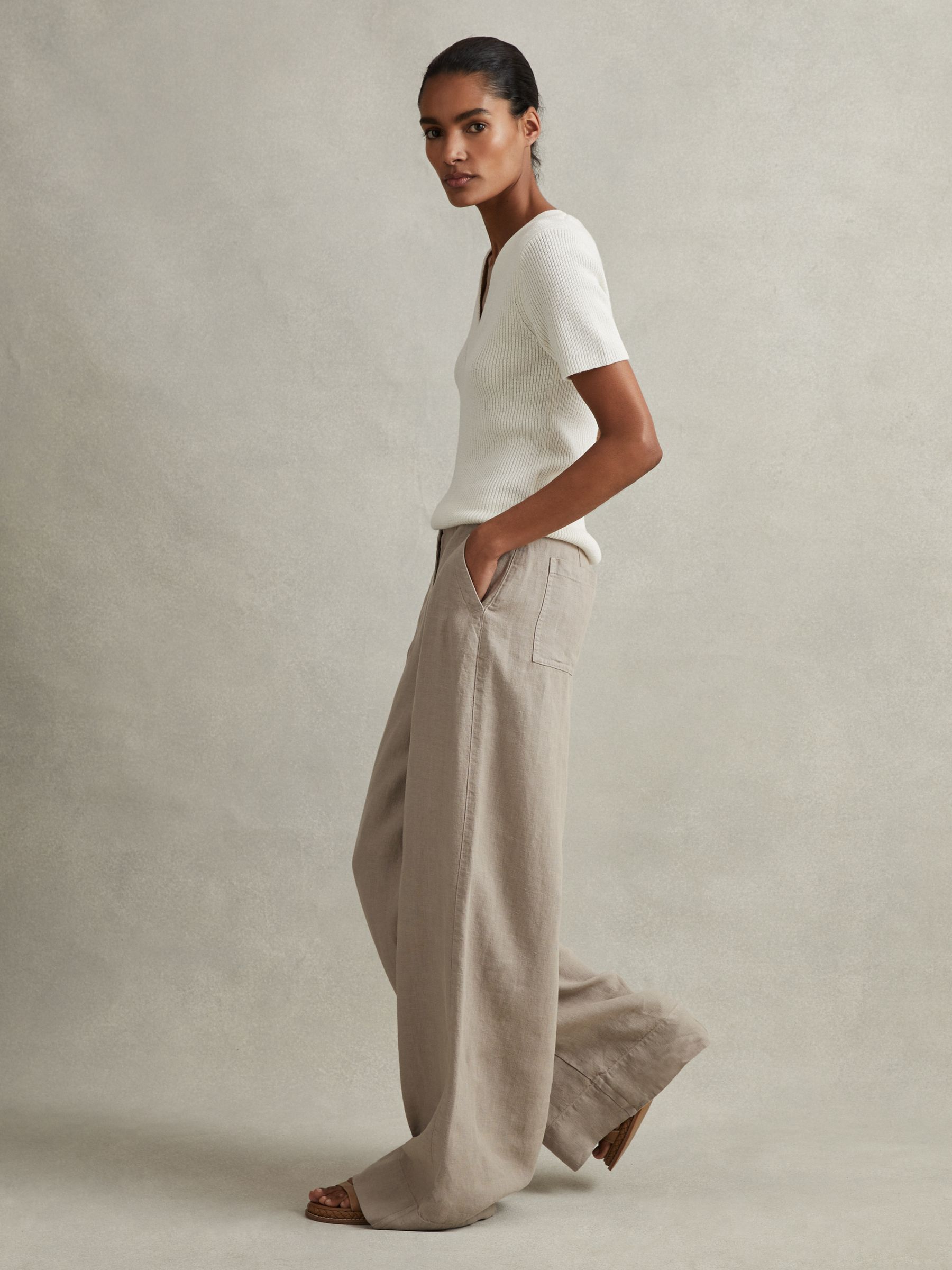Linen Wide Leg Garment Dyed Trousers in Light Khaki - Image 1 of 6