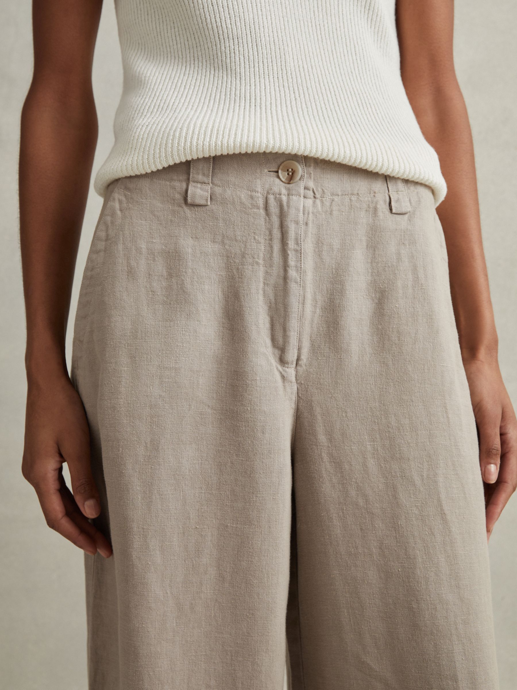 Linen Wide Leg Garment Dyed Trousers in Light Khaki - Image 3 of 6