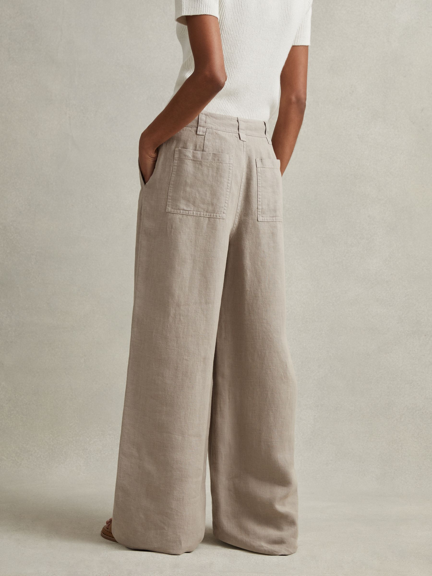 Linen Wide Leg Garment Dyed Trousers in Light Khaki - Image 4 of 6