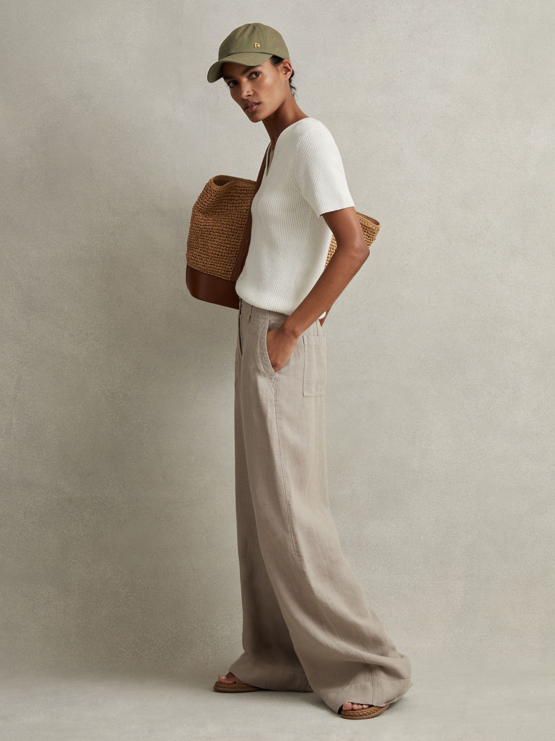 Linen Wide Leg Garment Dyed Trousers in Light Khaki - Image 5 of 6