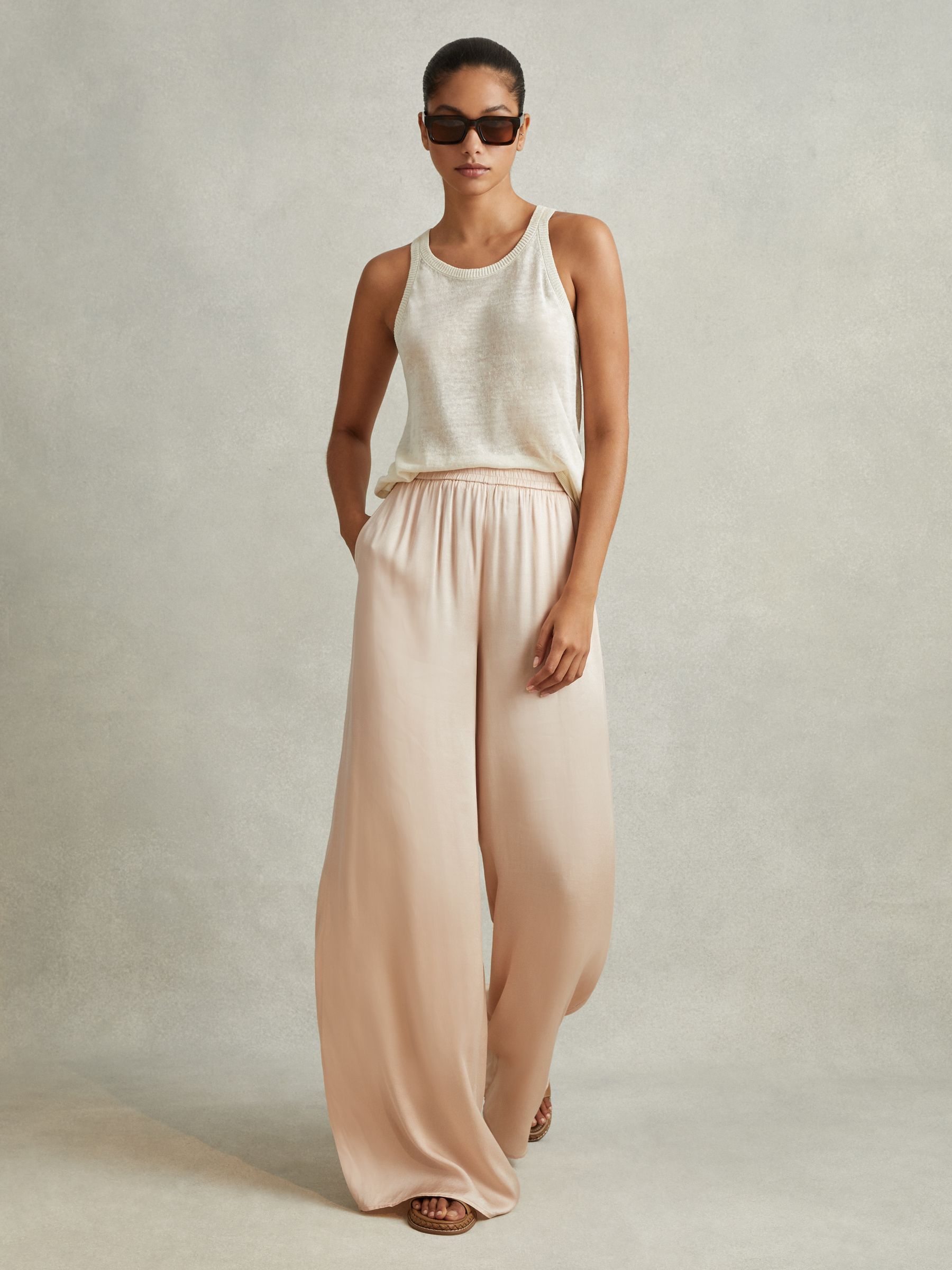Satin Elasticated Waist Wide Leg Trousers in Champagne - Image 1 of 5