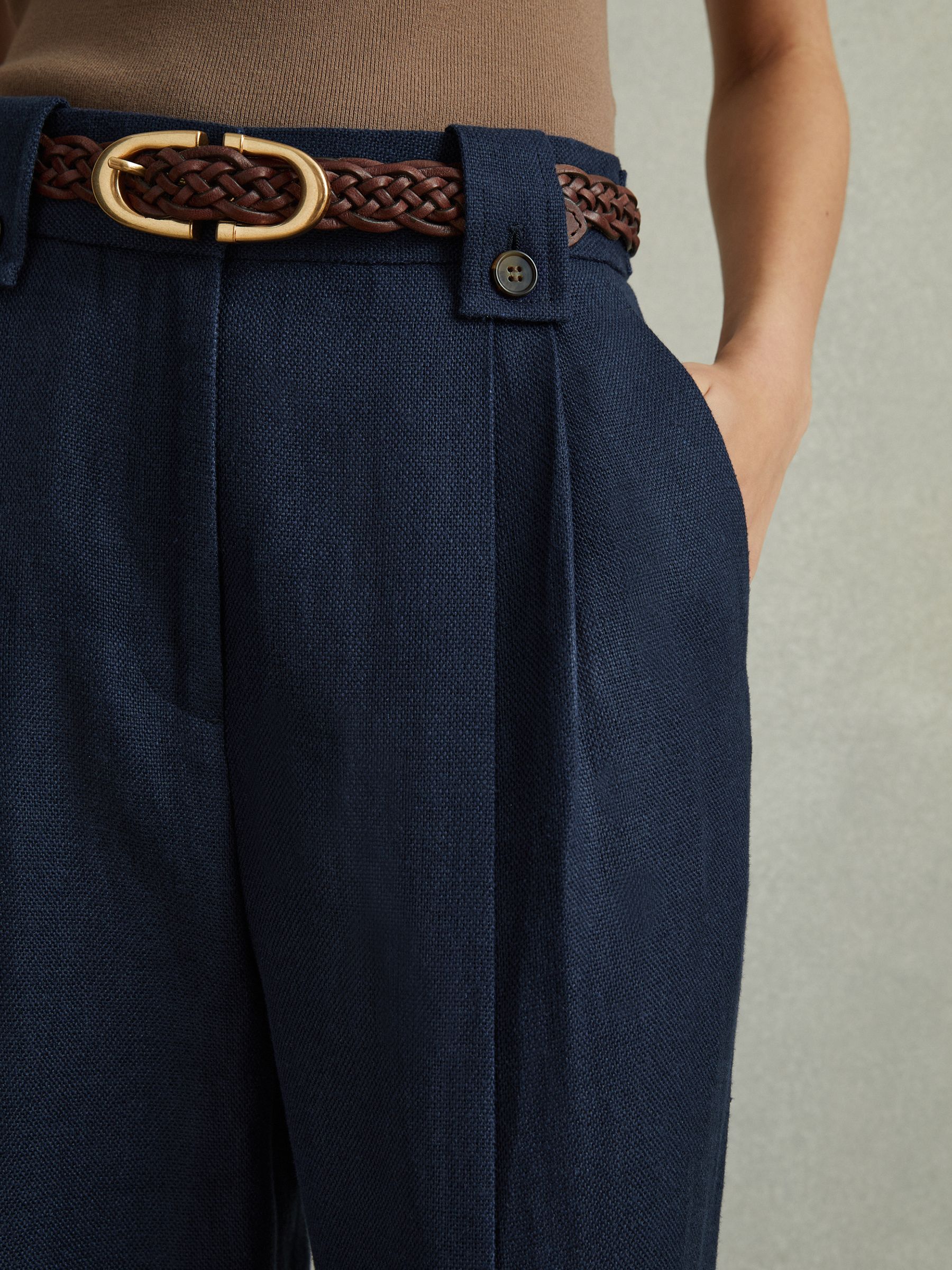 Linen Front Pleat Trousers in Navy - Image 4 of 6
