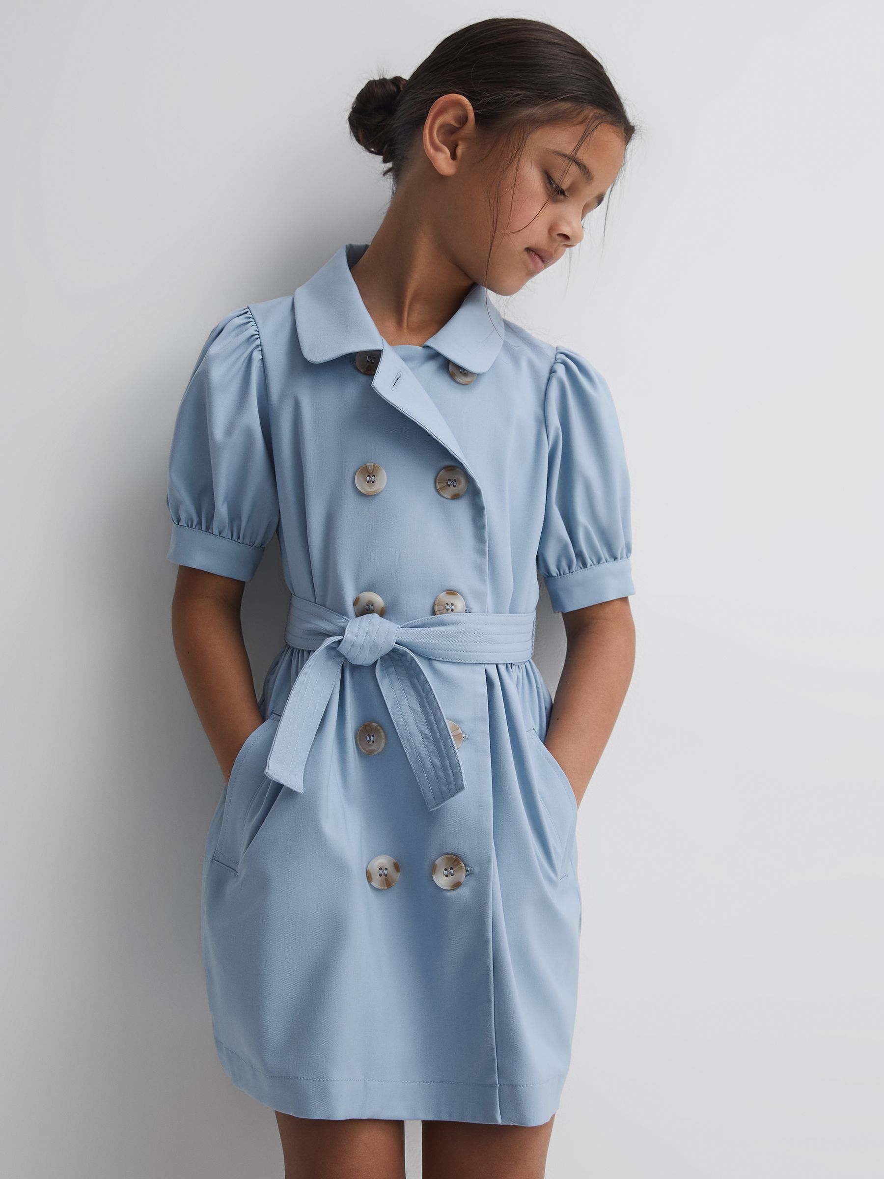 4-9 yrs Puff Sleeve Belted Dress in Blue - Image 1 of 6