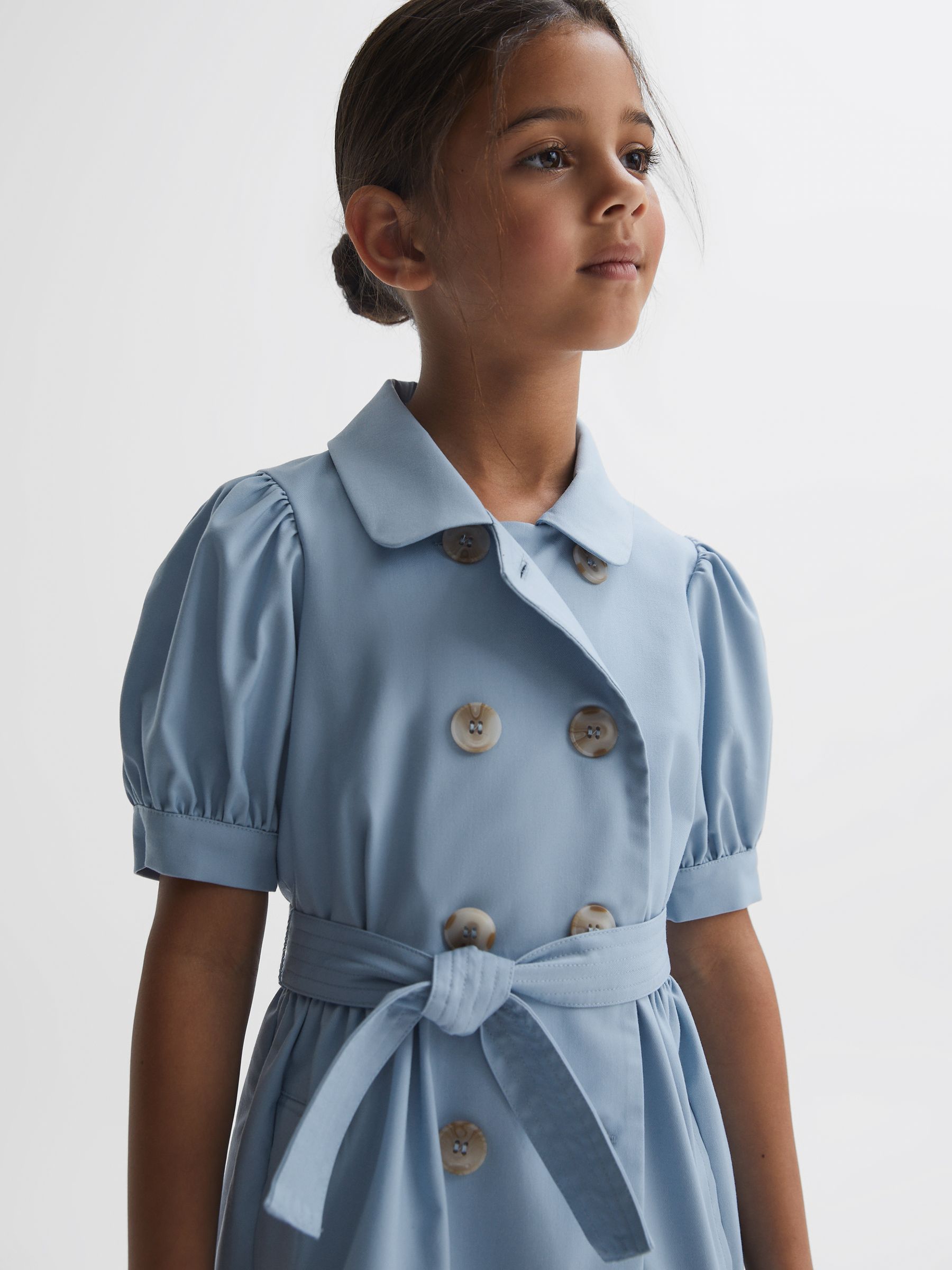 4-9 yrs Puff Sleeve Belted Dress in Blue - Image 4 of 6