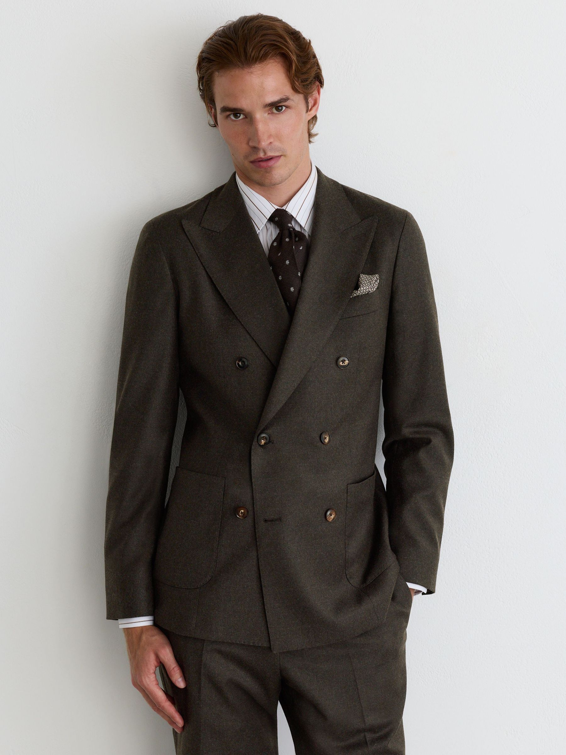 Wool-Blend Flannel Double-Breasted Suit Blazer Classic-Fit in Chocolate Brown - Image 1 of 9 Wool-Blend Flannel Double-Breasted Suit Blazer Classic-Fit in Chocolate Brown - Image 1 of 9