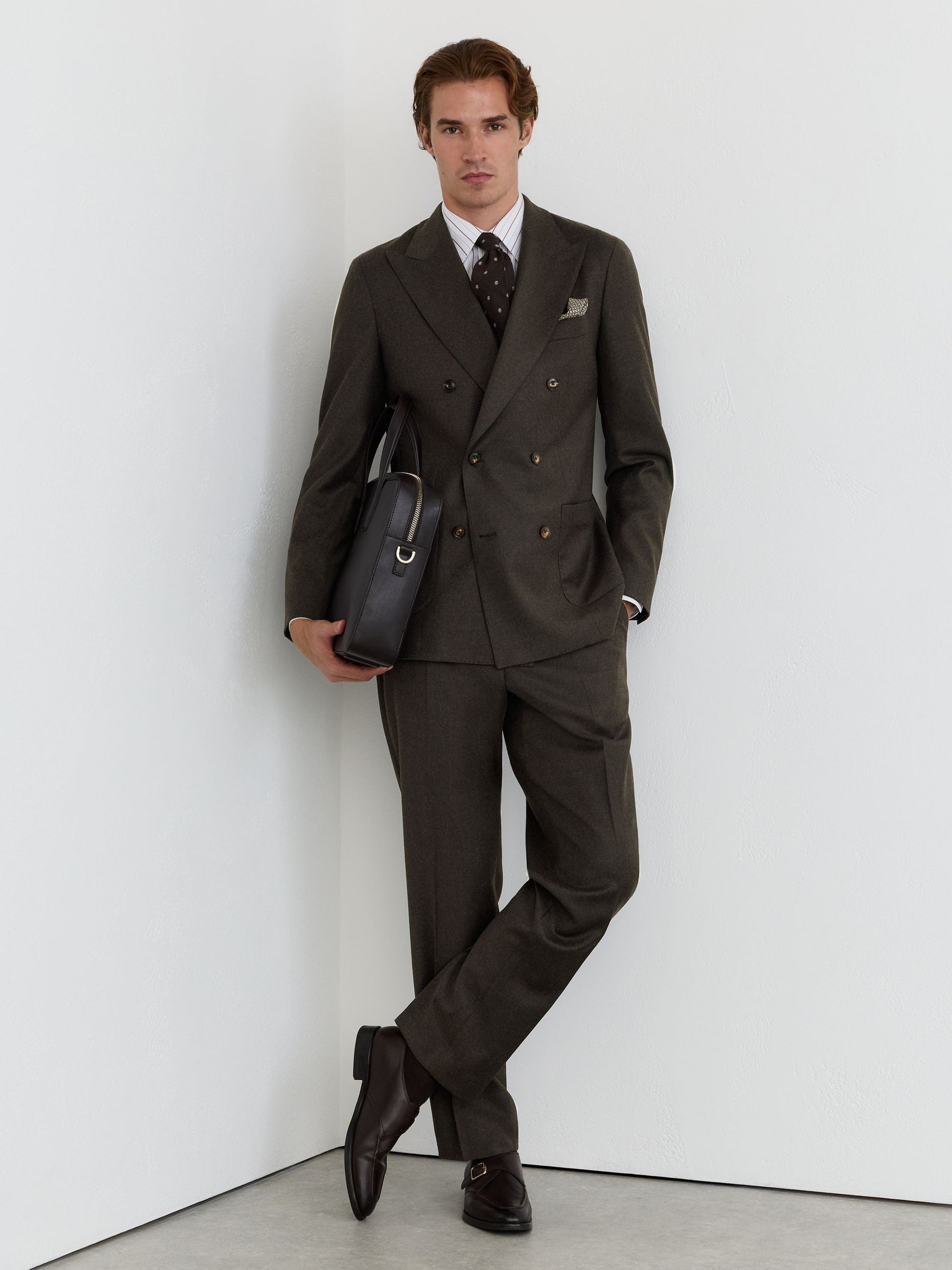 Wool-Blend Flannel Double-Breasted Suit Blazer Classic-Fit in Chocolate Brown - Image 4 of 9