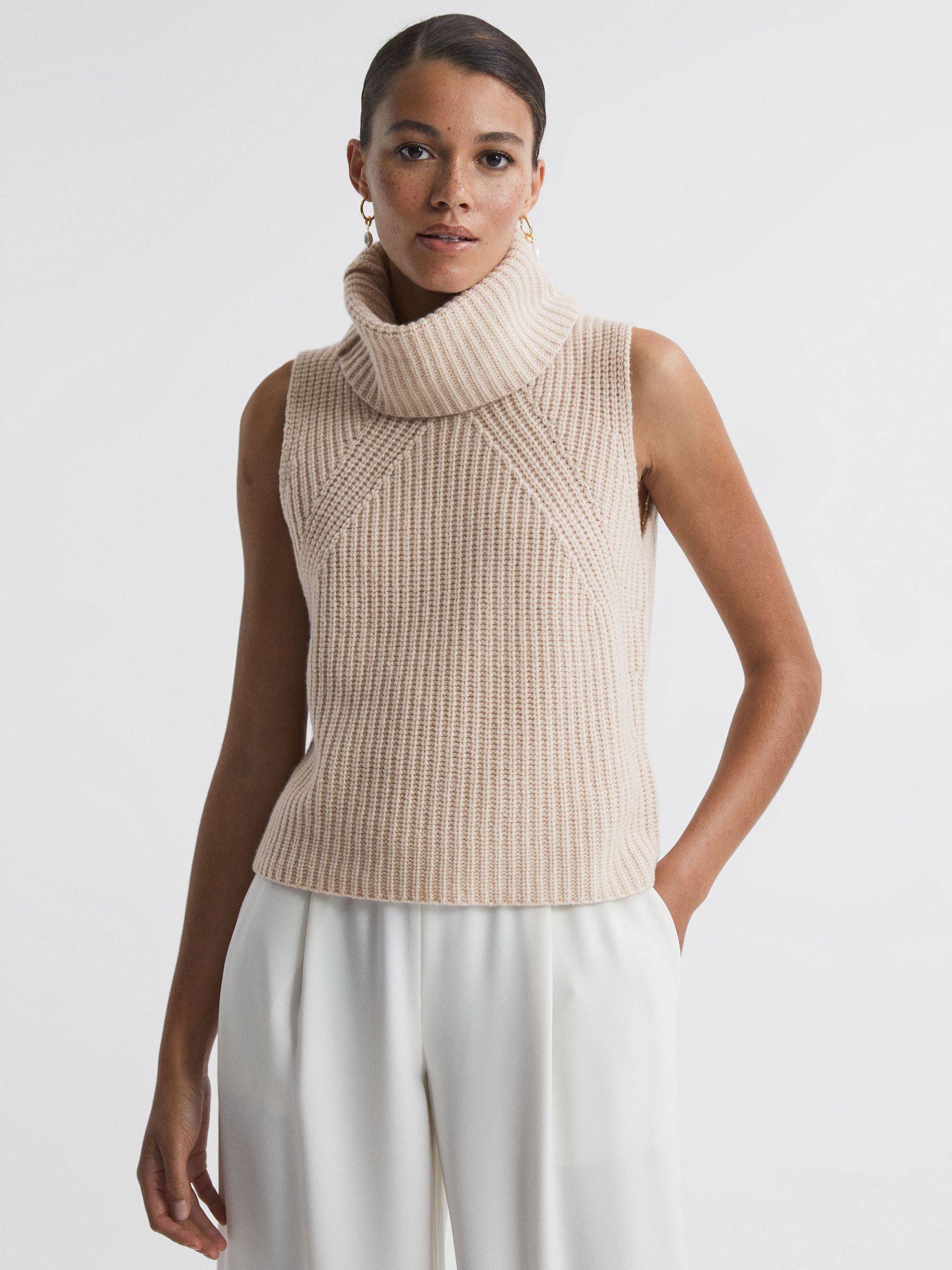 Wool-Cashmere Sleeveless Removable Roll Neck Vest in Neutral - Image 1 of 7
