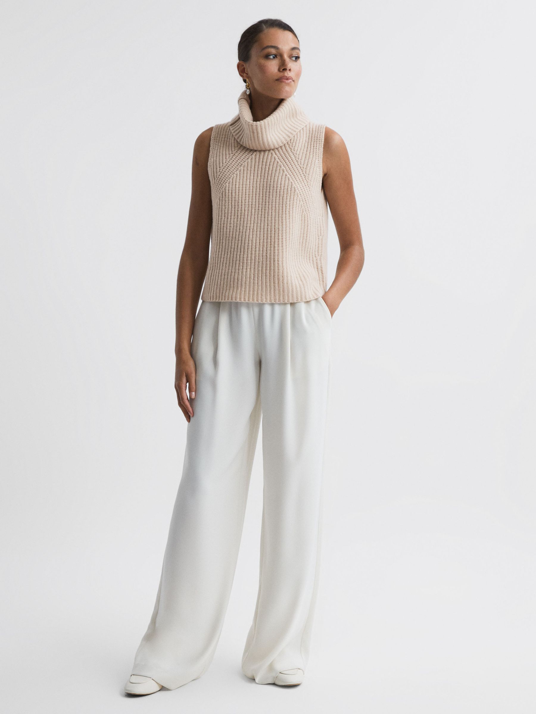 Wool-Cashmere Sleeveless Removable Roll Neck Vest in Neutral - Image 3 of 7