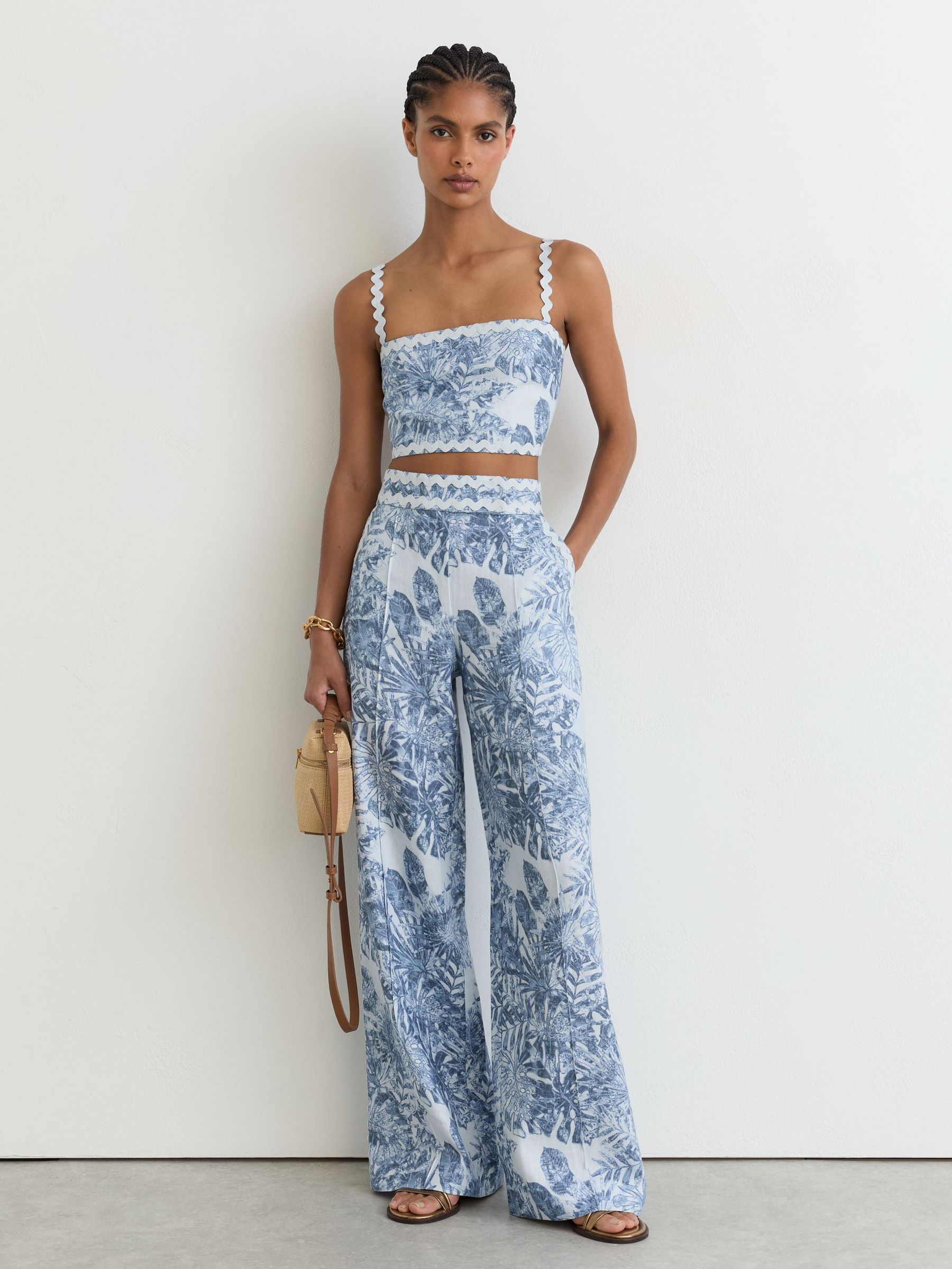 Linen Wave-Trim Wide-Leg Trousers in Blue - Image 1 of 7