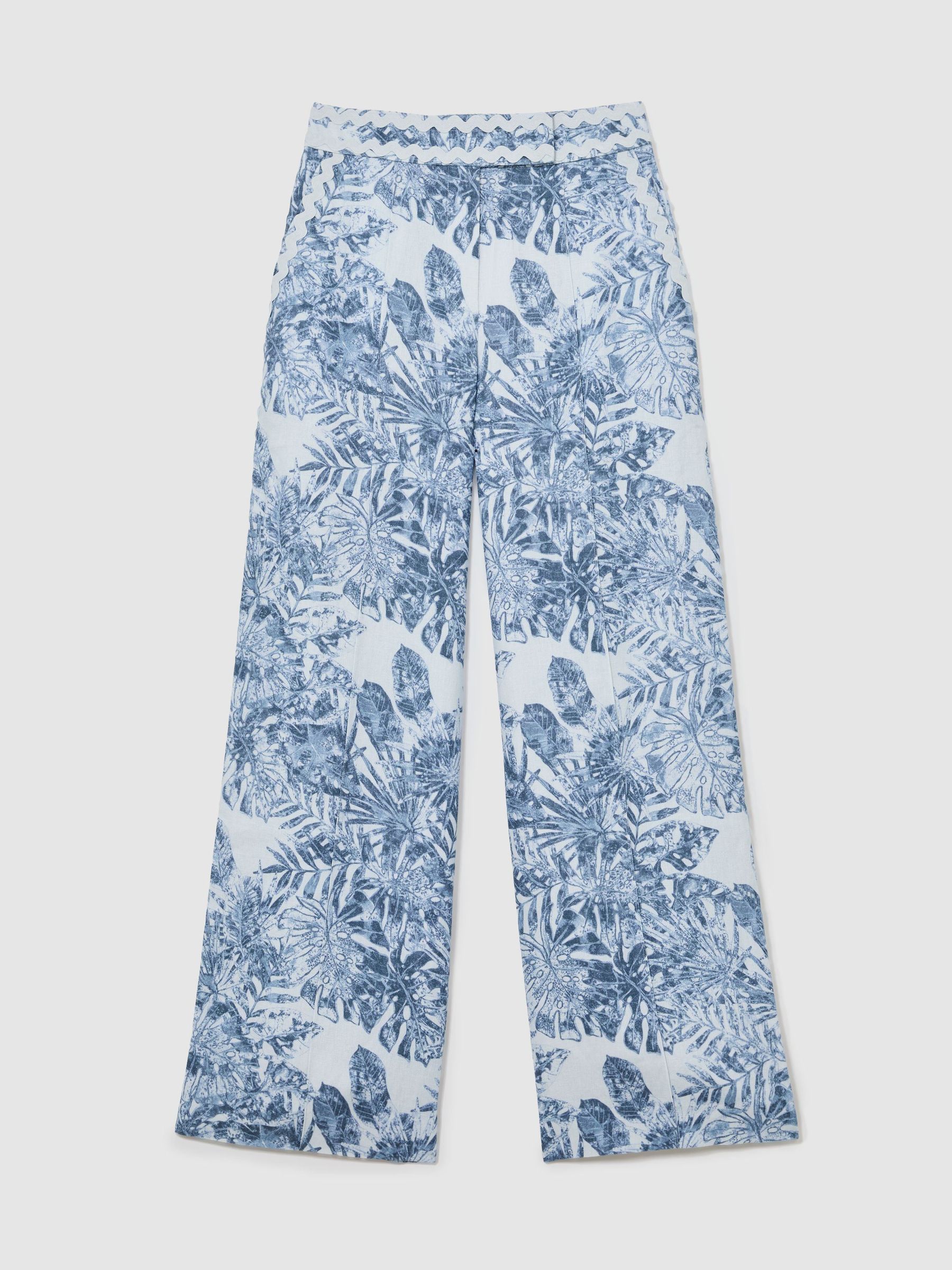 Linen Wave-Trim Wide-Leg Trousers in Blue - Image 2 of 7