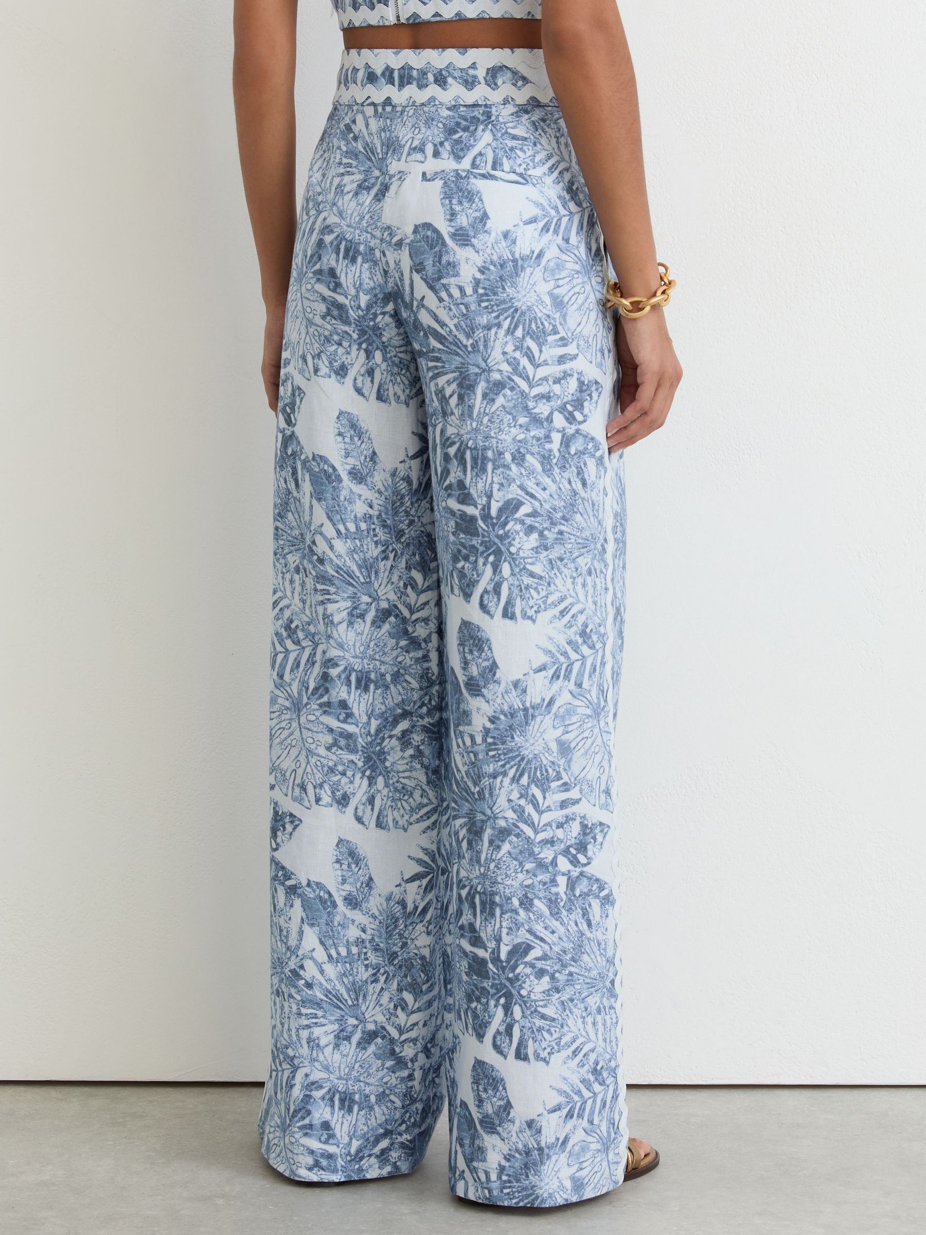 Linen Wave-Trim Wide-Leg Trousers in Blue - Image 6 of 7