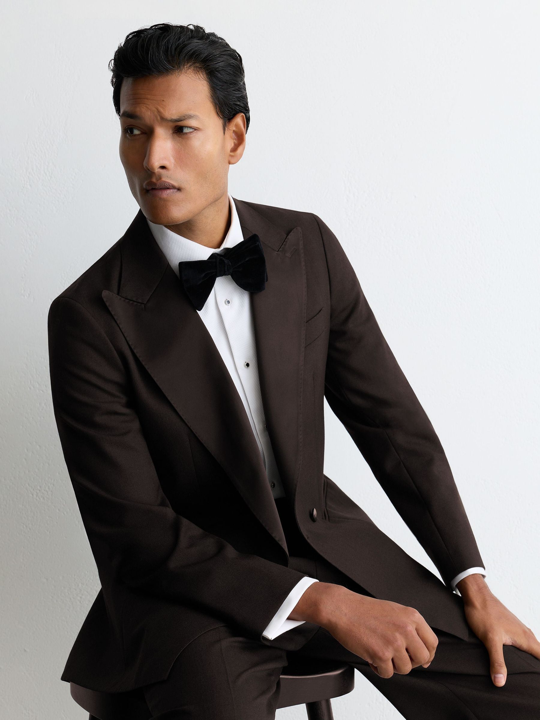 Wool Double-Breasted Tuxedo Blazer Classic-Fit in Brown - Image 1 of 12