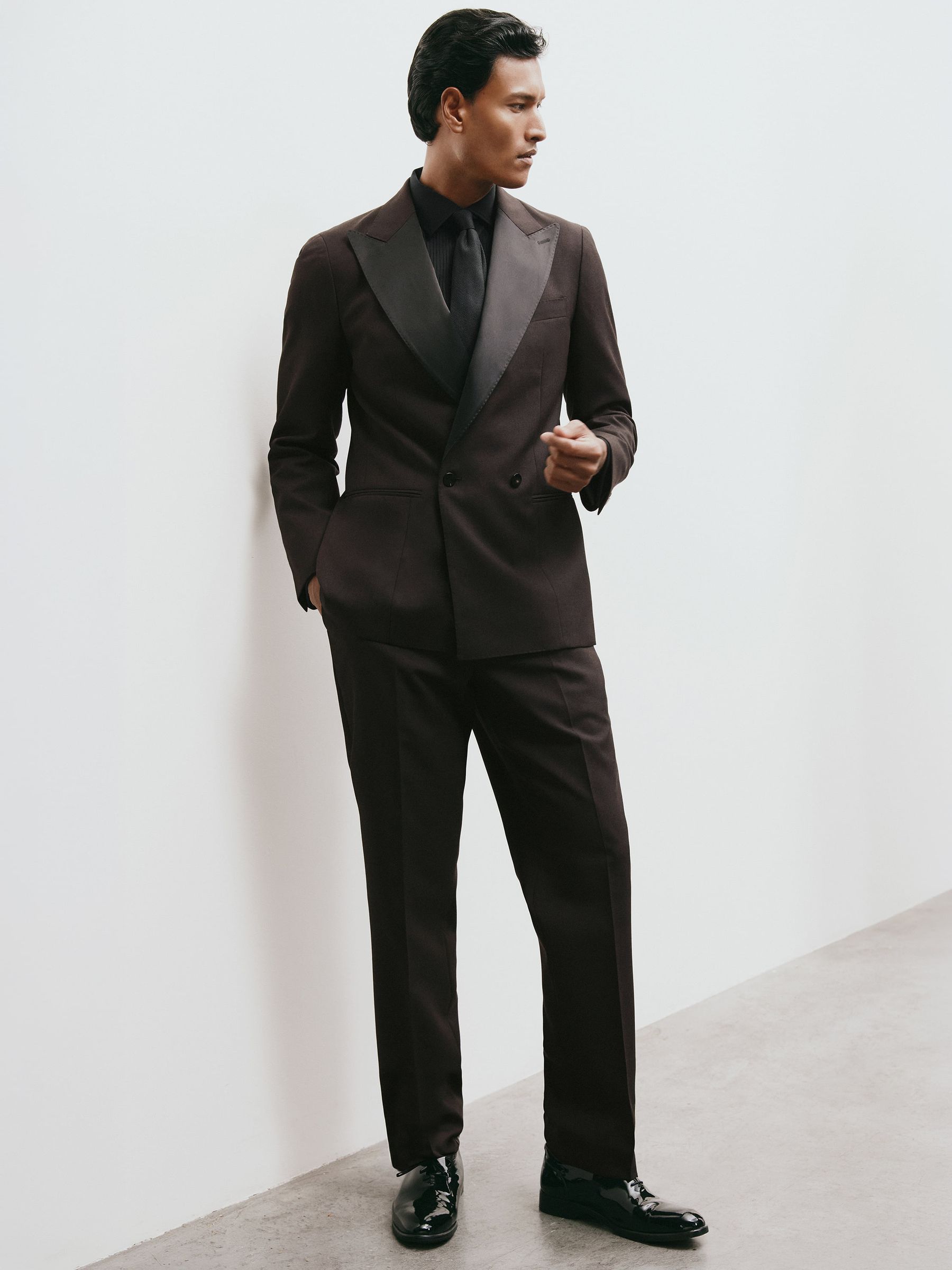 Wool Double-Breasted Tuxedo Blazer Classic-Fit in Brown - Image 3 of 12