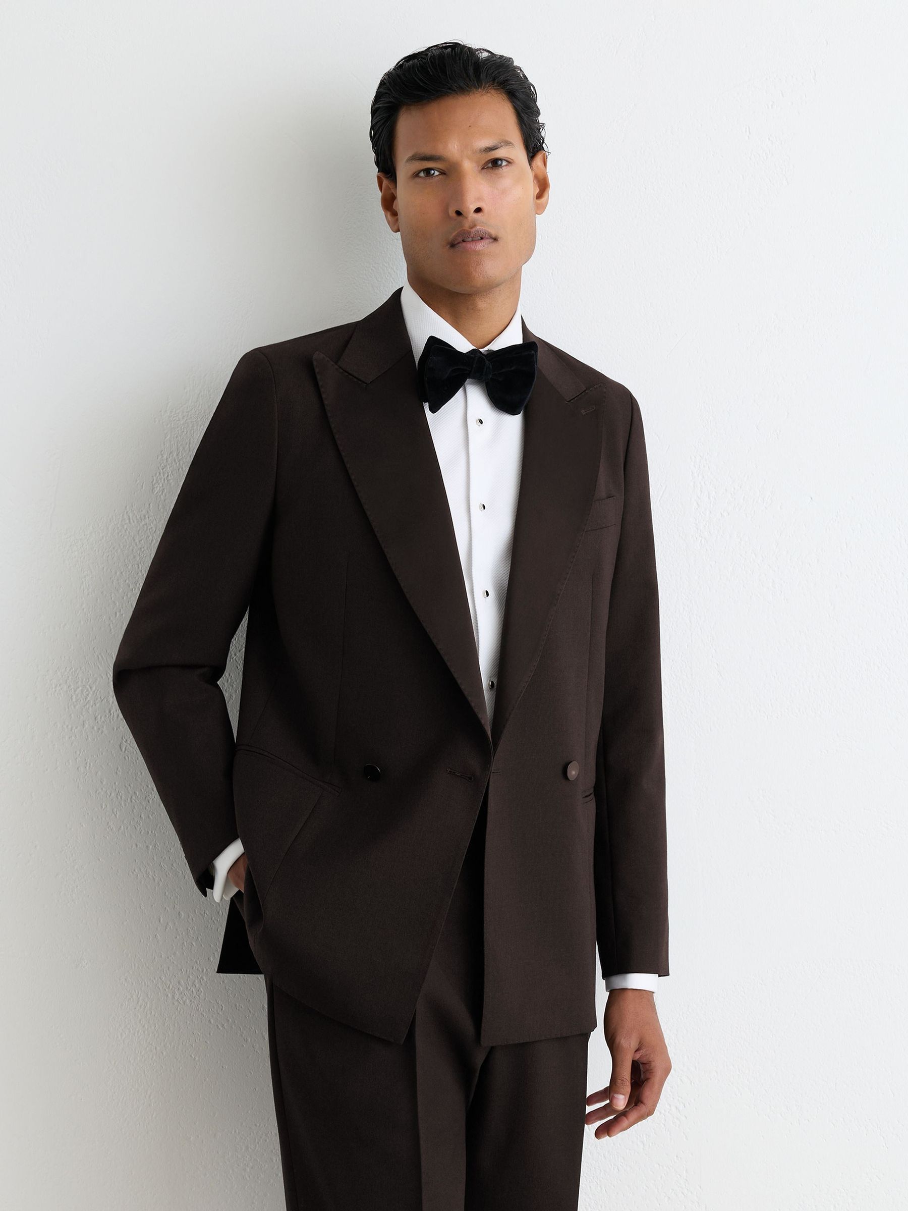 Wool Double-Breasted Tuxedo Blazer Classic-Fit in Brown - Image 8 of 12