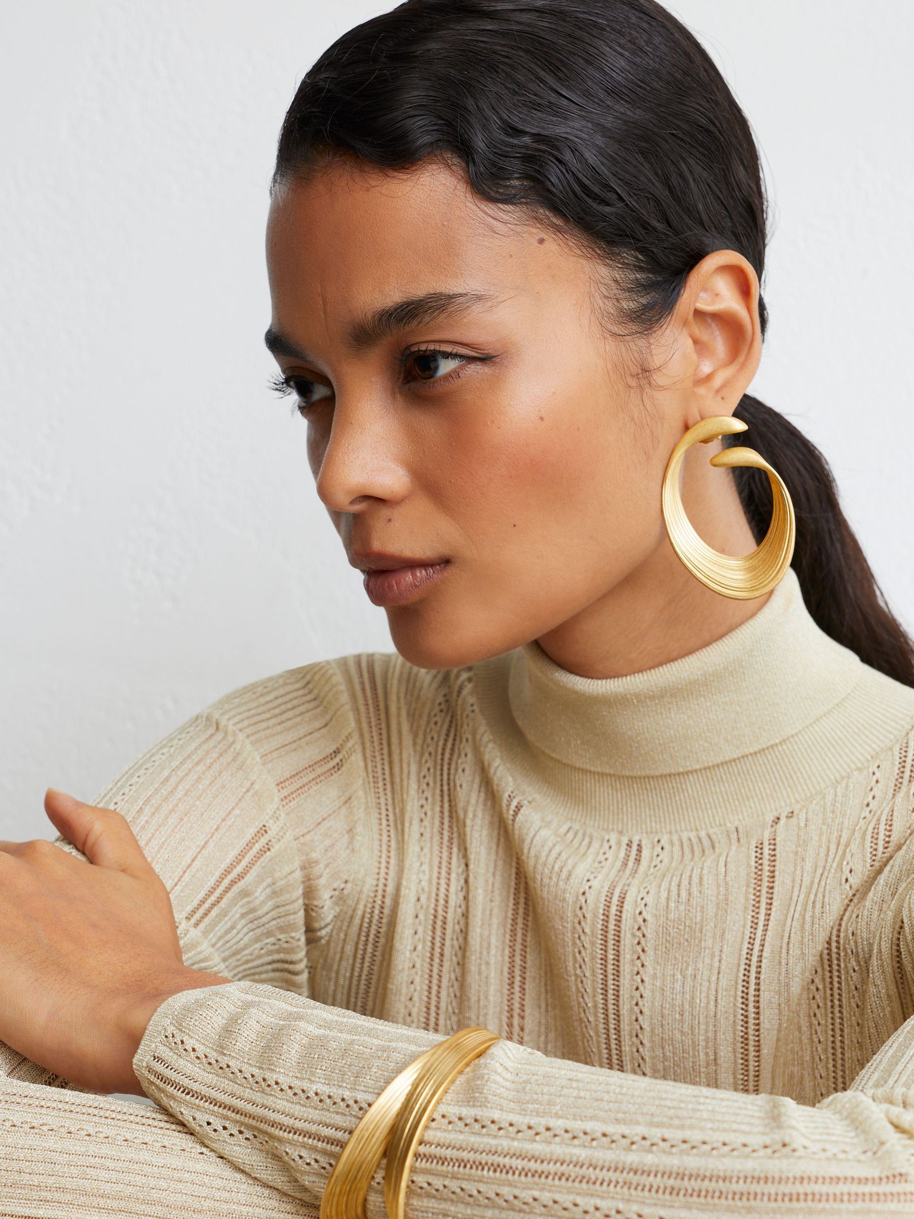 Metallic Open-Knit Roll-Neck Top in Gold - Image 1 of 7