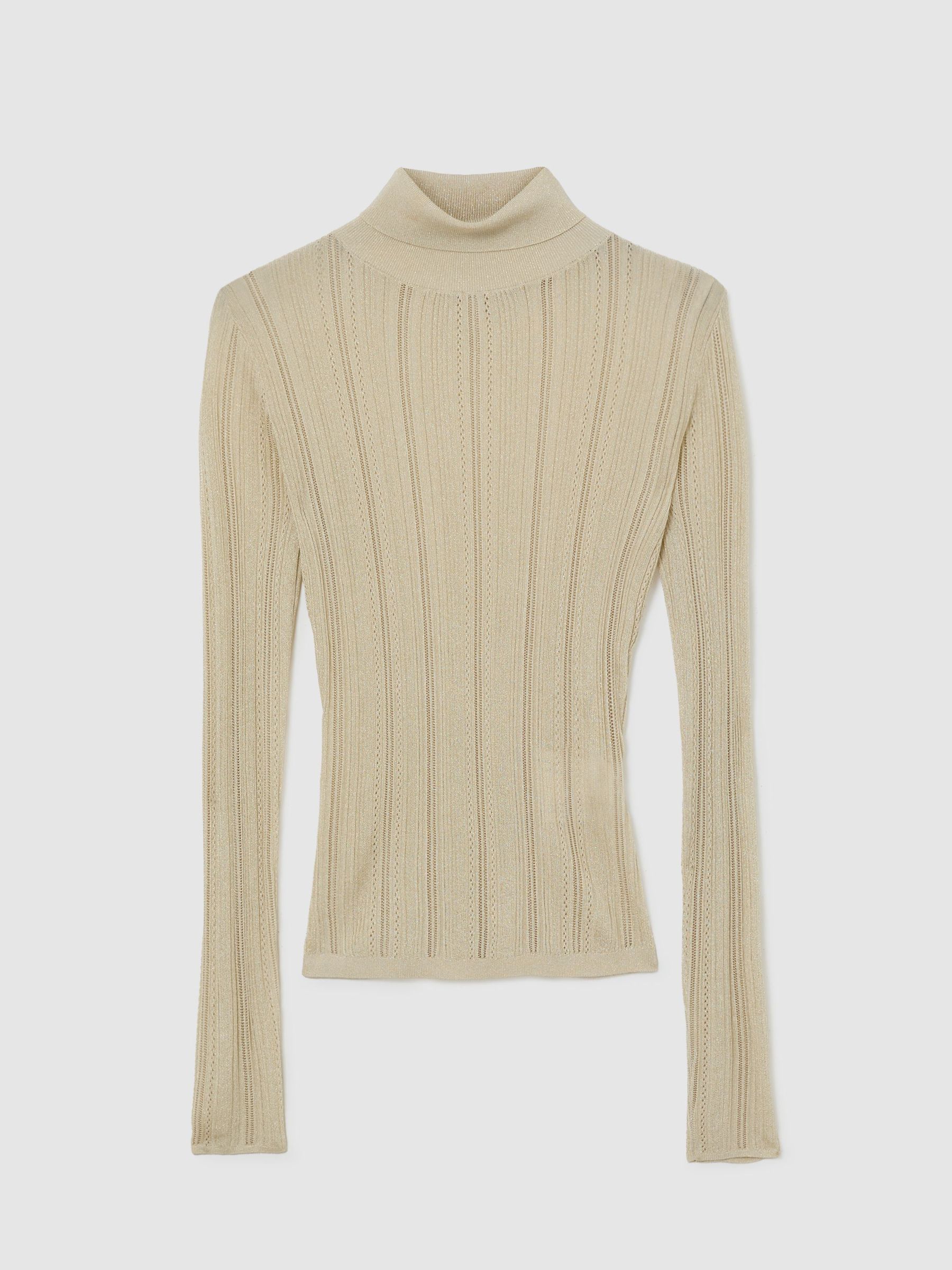 Metallic Open-Knit Roll-Neck Top in Gold - Image 2 of 7