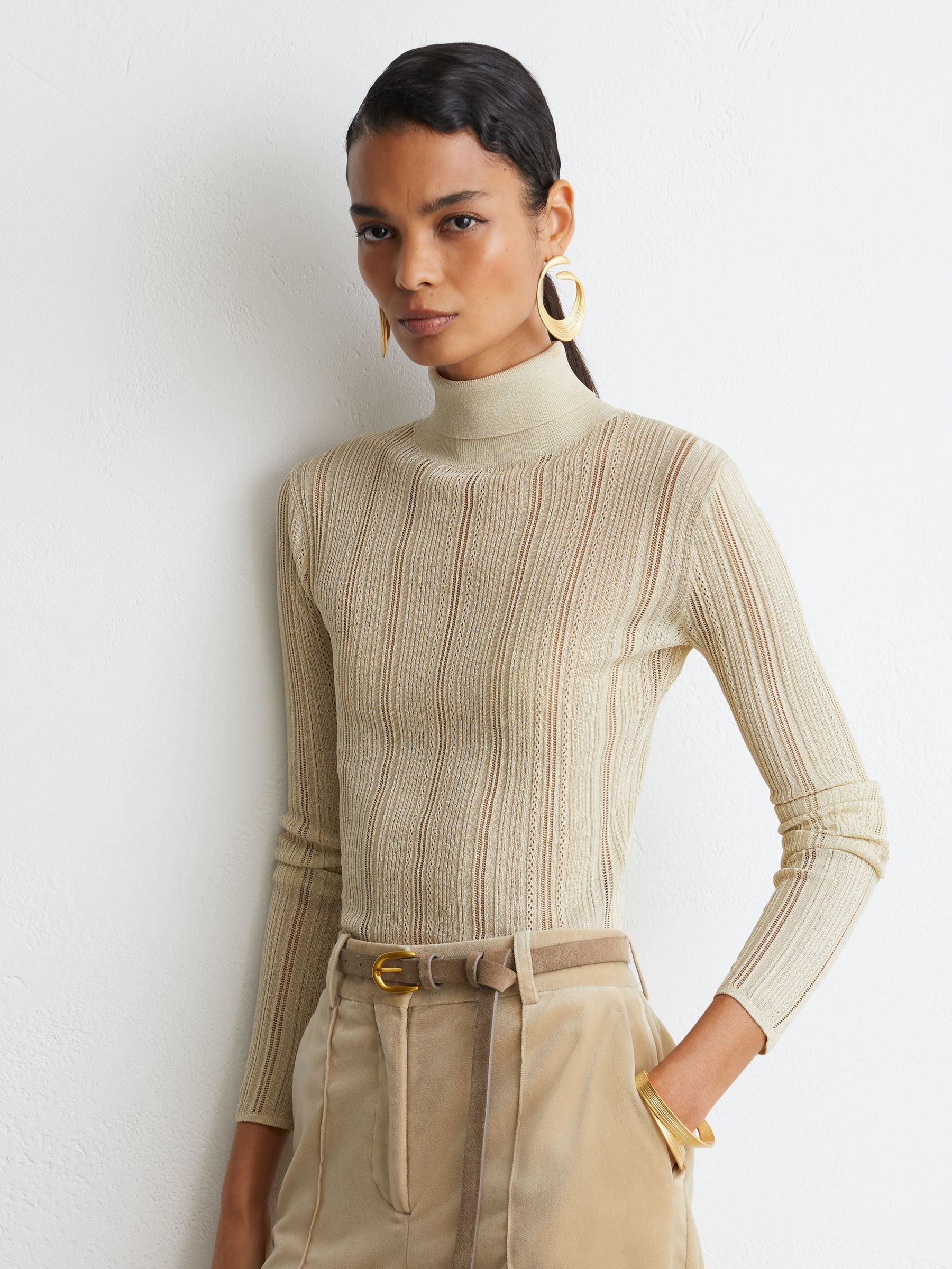 Metallic Open-Knit Roll-Neck Top in Gold - Image 3 of 7