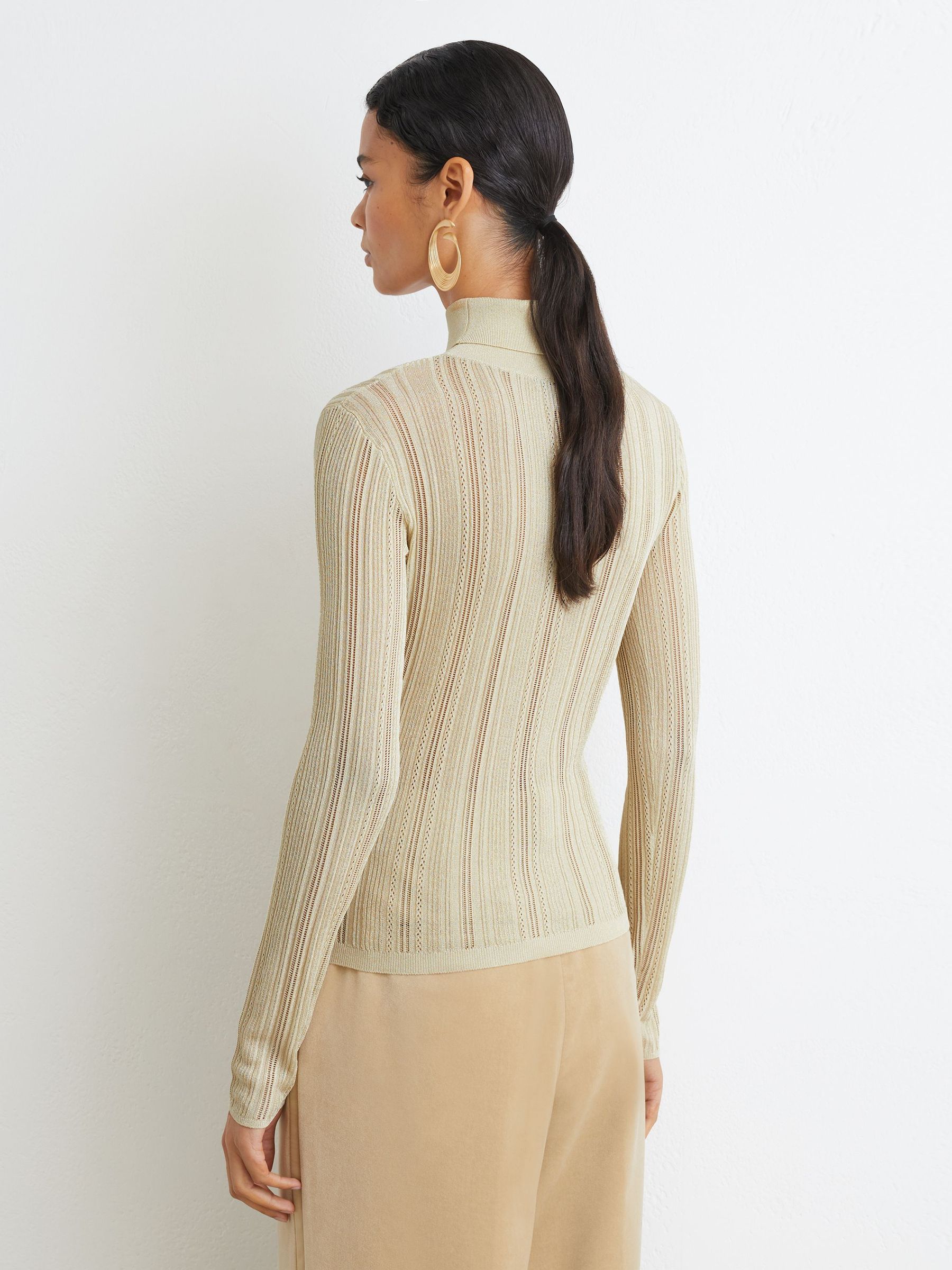 Metallic Open-Knit Roll-Neck Top in Gold - Image 6 of 7